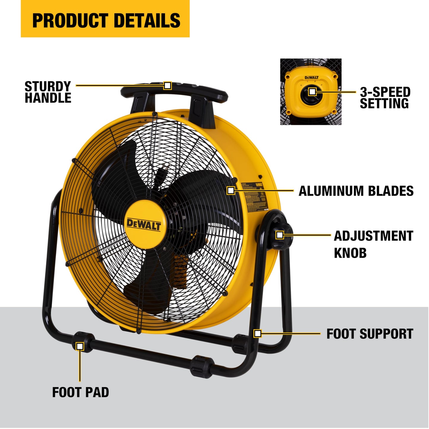 DEWALT DXF2042 Industrial Fan, 20 Inch High Velocity Fans with 3-Speed Adjustable Tilting Head, Drum Fan for Outdoor, House and Warehouse, Yellow