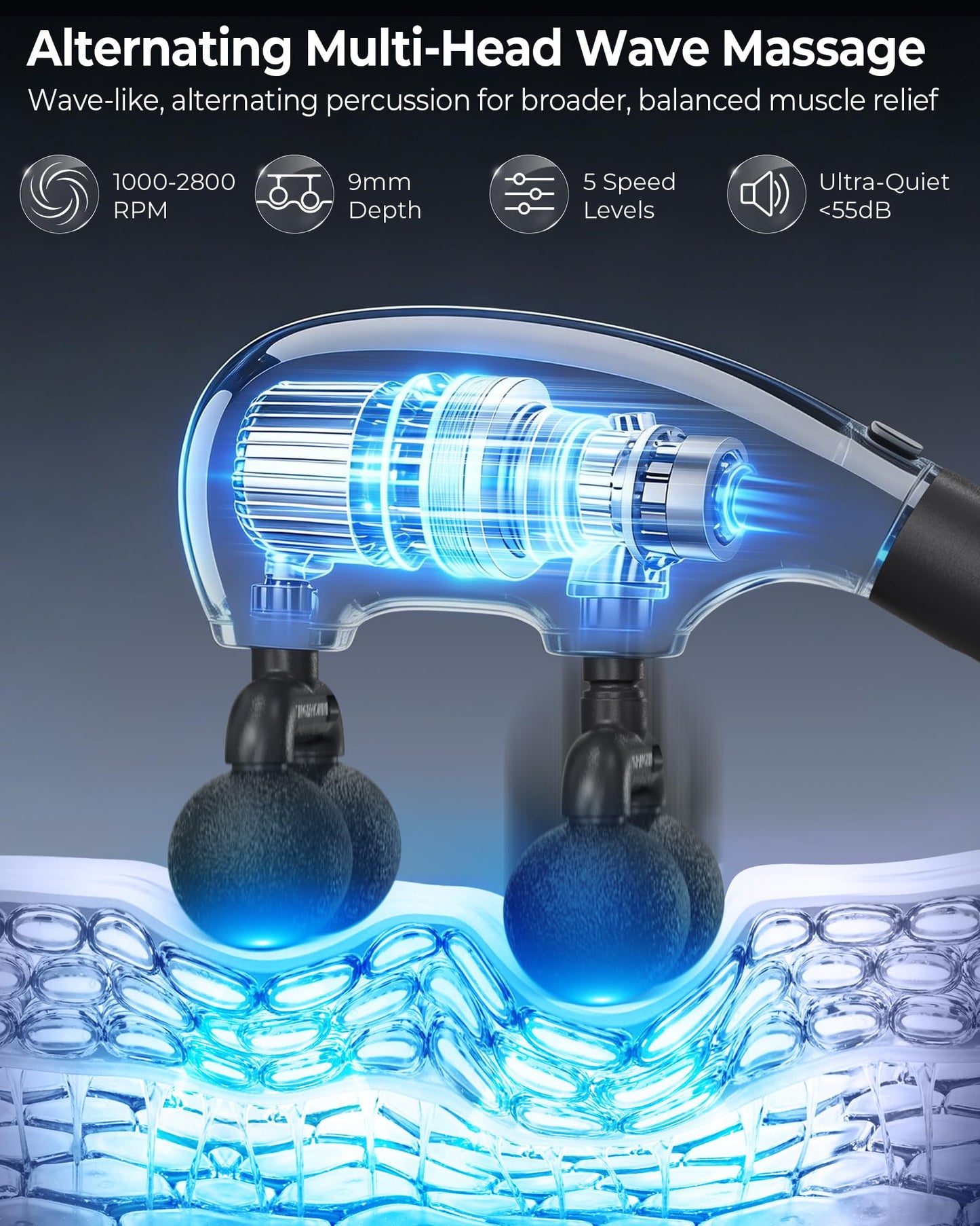 KingPavonini Multi-Head Detachable Massage Gun Deep Tissue with Extension Handle, Large Coverage Alternating Percussion Massager Gun for Pain Relief, Handheld Back Massage Gun, Gift for Men Women