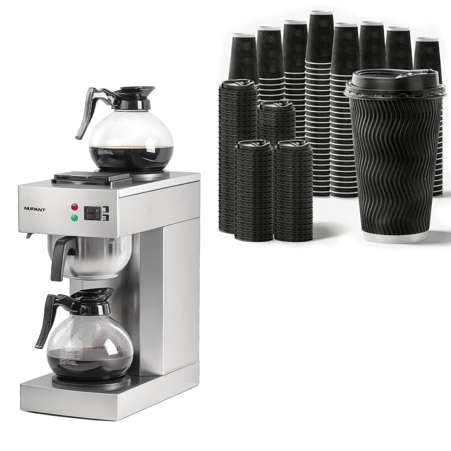 NUPANT 12-Cup Coffee Maker 1.8L Commercial Drip Coffee Maker + 200-Pack 16oz Insulated Paper Cups with Lids | Complete Pour Over Coffee Serving Bundle for Coffee Bar, Restaurant & Catering