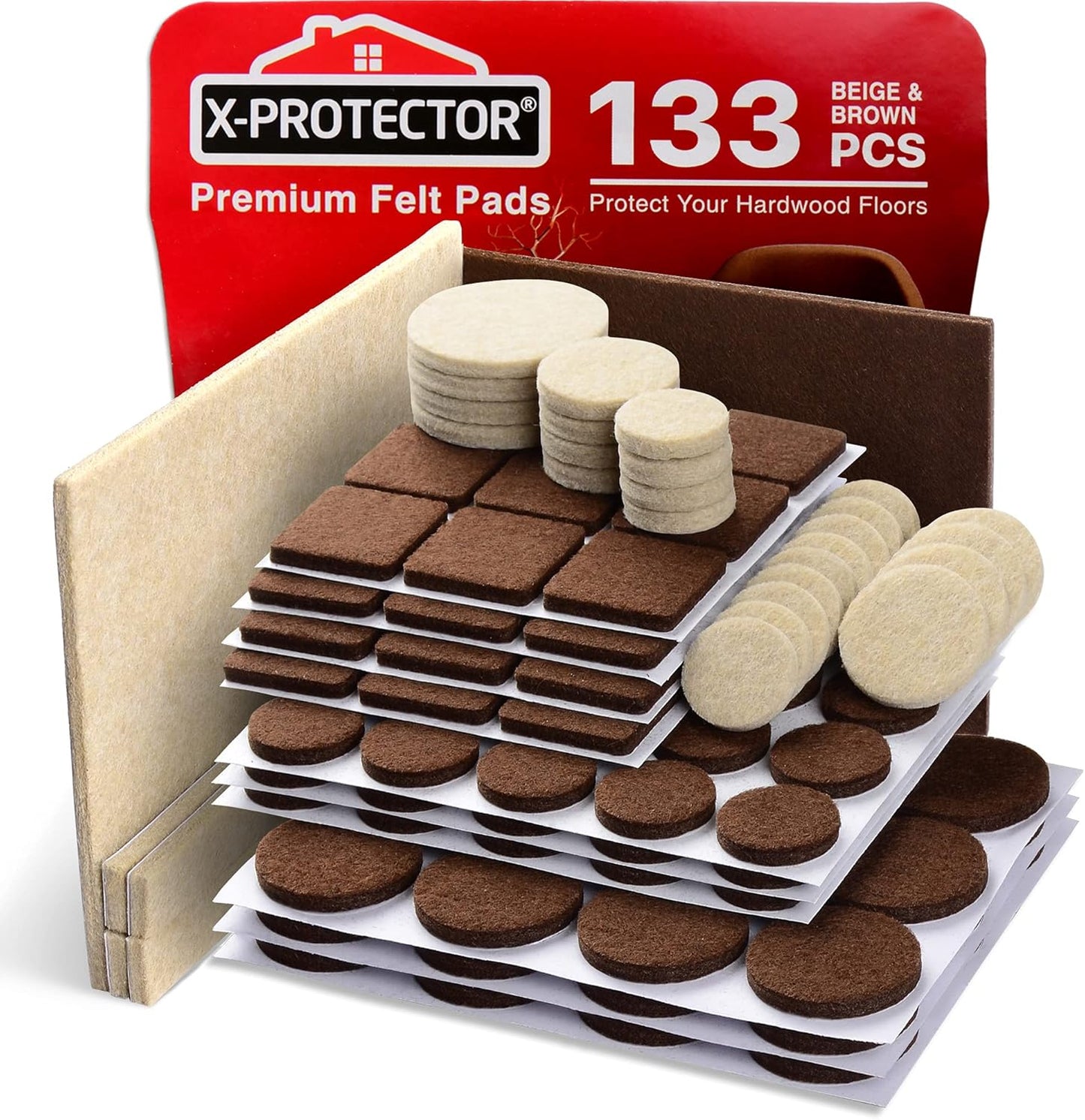 X-PROTECTOR Felt Furniture Pads - Premium 133 PCS Set for Wood Floor Protection | Brown & Beige