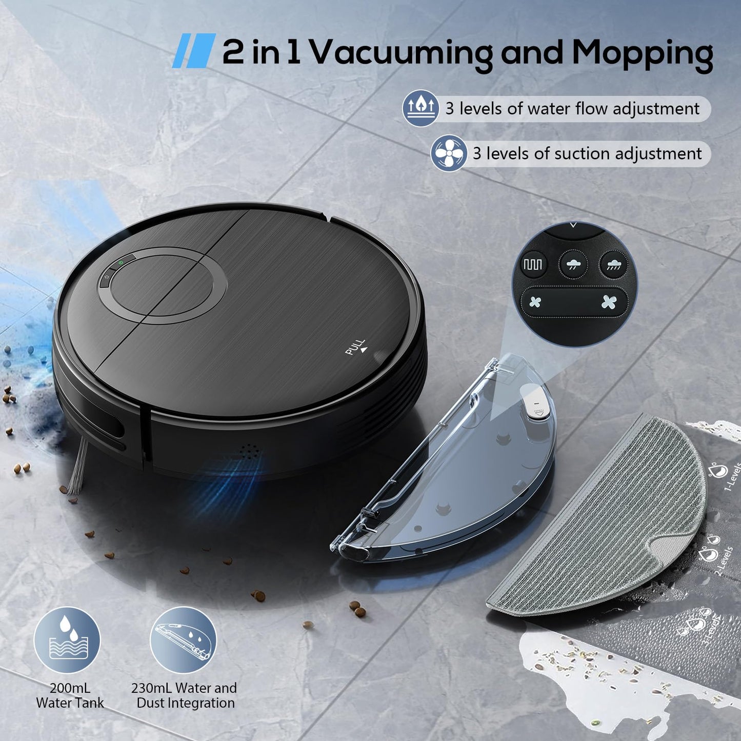 Robot Vacuum, 2 in 1 Robot Vacuum and Mop Combo for Pet Owners: Strong Suction, Anti-Tangle Brushless Inlet, Picks Up Dog & Cat Hair, Wet Mopping Removes Paw Prints, Auto-Recharge with Schedule