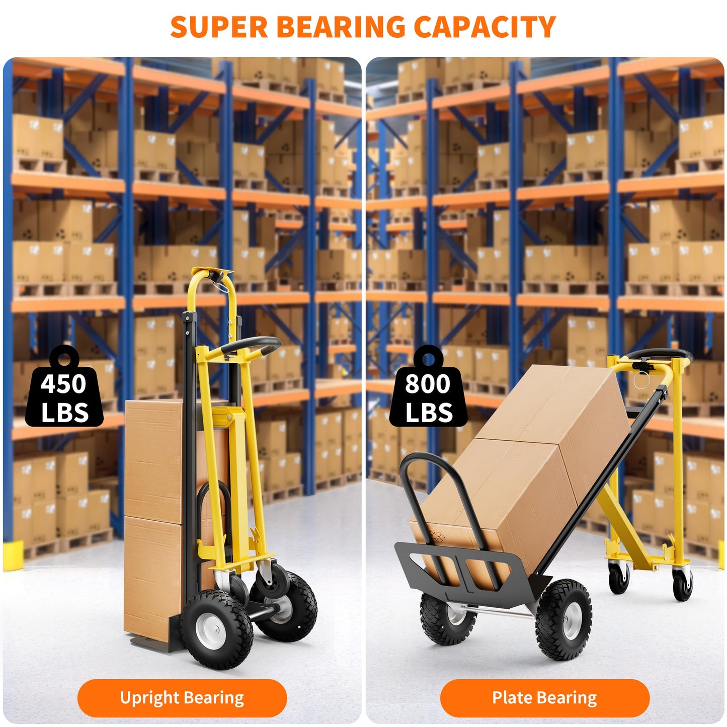 3 in 1 Dolly Cart with Wheels, 800Lbs Capacity, Heavy Duty Folding Hand Truck, Rolling Utility Cart for Transport and Moving in Home, Office, Warehouse, Supermarket