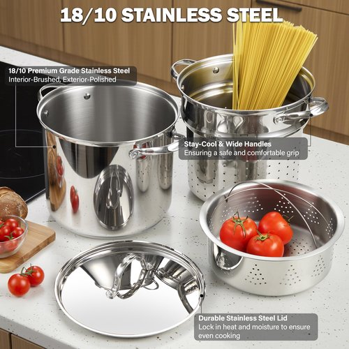 Cooks Standard Pasta Pot 18/10 Stainless Steel 12 Quart, Spaghetti Cooker Steamer Stock Pot Multipots with Strainer Insert, Stainless Steel Lid, 4-Piece Set