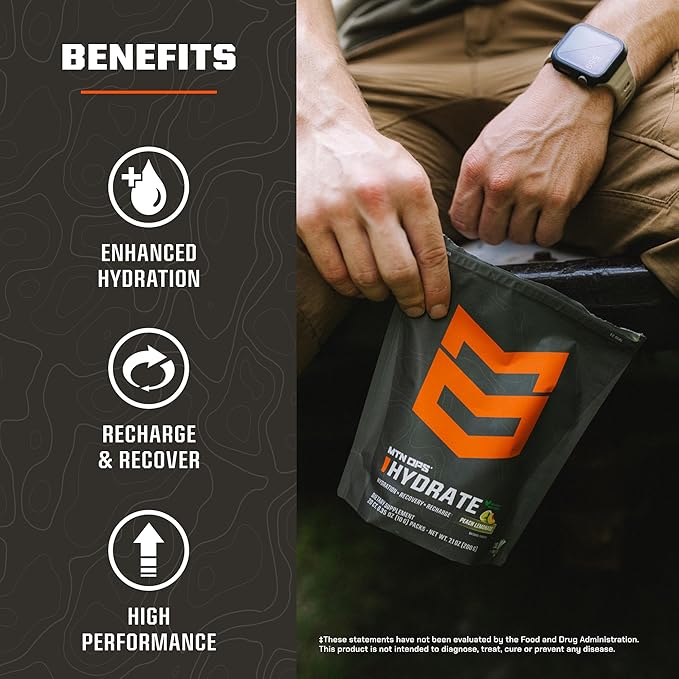 MTN OPS Hydrate Electrolytes Powder Drink Mix, Naturally Sweetened with Monk Fruit, Gluten Free 20 Single Serving On-The-Go Electrolyte Packs, Peach Lemoande