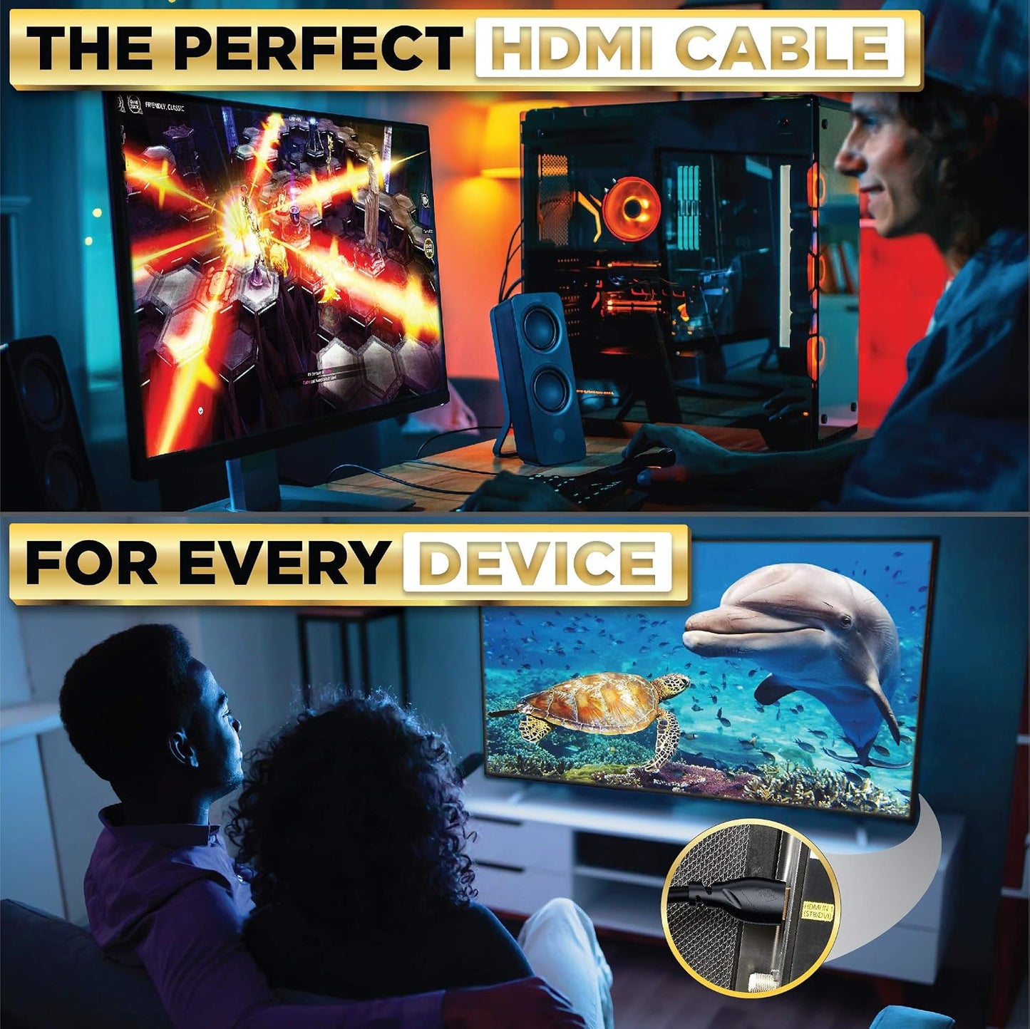 4K 20 1 Pack 4K 60Hz, 2K, 1080P, CL3 PS5, PS4, PowerBear HDMI Cable ft Long Hdmi Cable, Braided Nylon & Gold