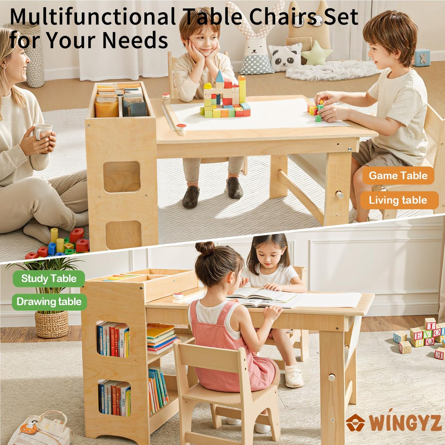 WINGYZ Kids Art Table and Chairs - Toddler Activity Table and 2 Chair Set with Storage Cabinet, 5 in 1 Kids Desk Craft Table with Paper Roll for Drawing Playrooms Daycare Classroom Gifts
