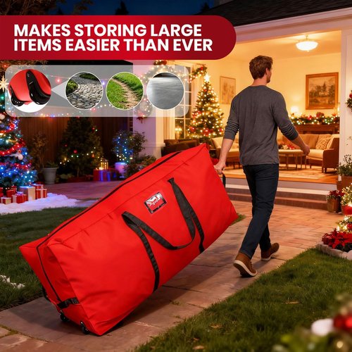 GVDV Christmas Tree Storage Bag - Waterproof 600D Oxford Canvas for 7.5 Ft Trees | Heavy-Duty with Wheels & Handles, Red