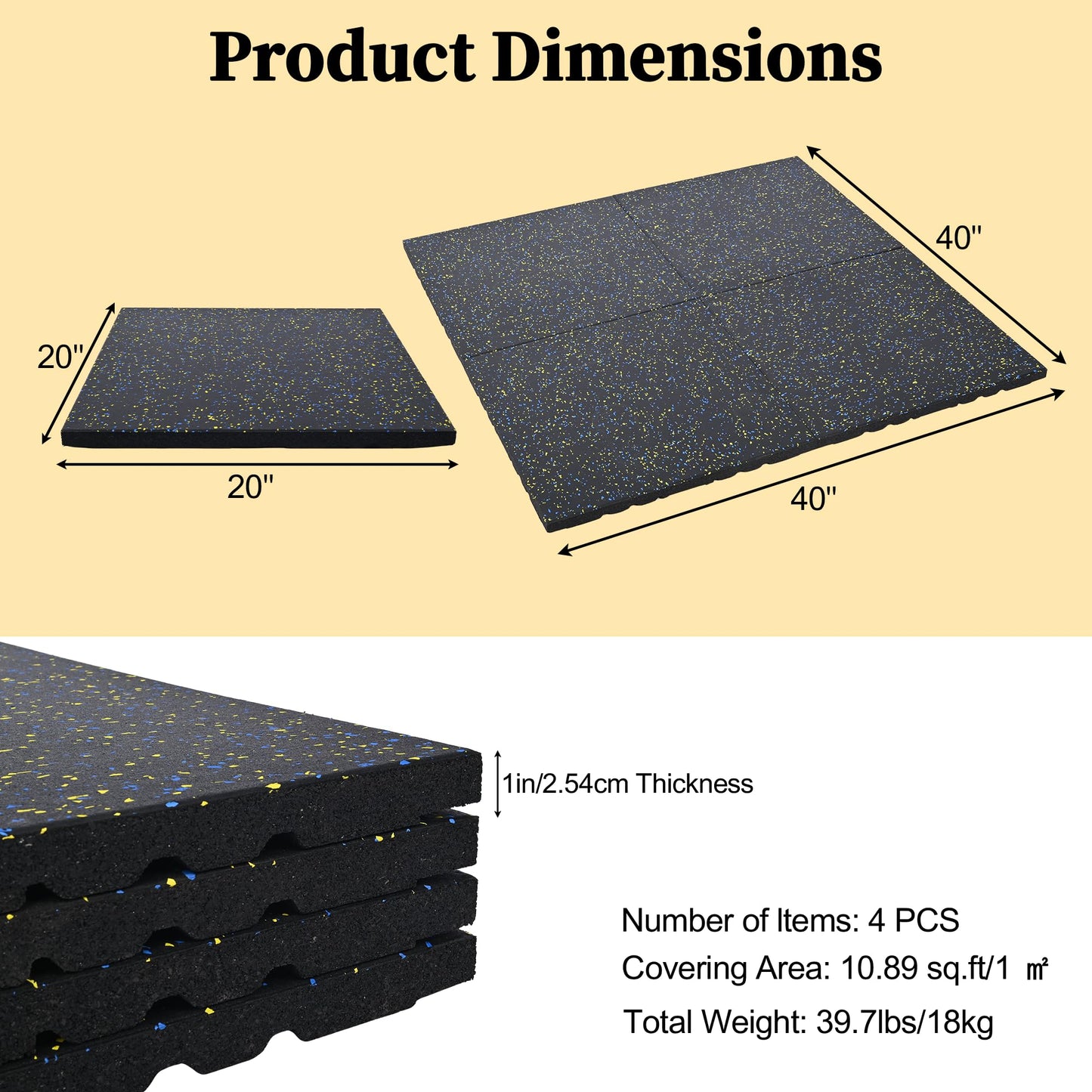 Nisorpa 1" Thick Rubber Exercise Equipment Mats, Anti-Vibration Pads 20" x 20'', Sound Absorbing Mat, Gym Floor Tiles Non-Slip, with 12 Pcs Buckles for Fixing, for Fitness Equipment (4 Pcs)
