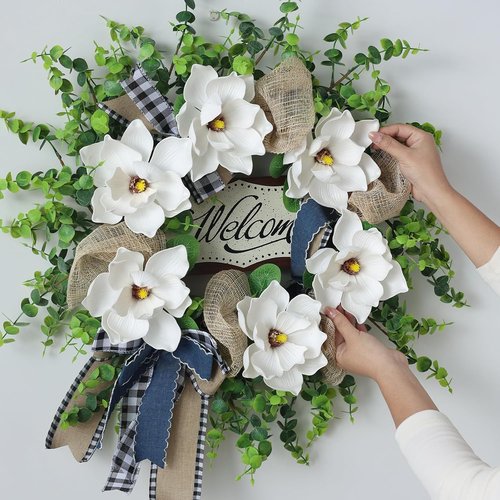 Artificial Magnolia & Eucalyptus Wreath - 24" White Flower Decor with Welcome Sign for Year-Round Home Entryway