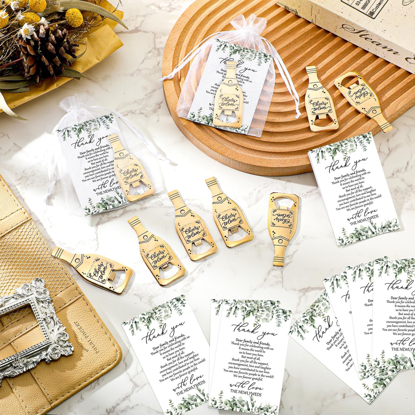 Suclain 50 Sets Wedding Favors for Guests Bulk Wedding Souvenirs Include Cheers to Love Bottle Openers Thank You Cards and Organza Bags Bridal Shower Gifts Decorations