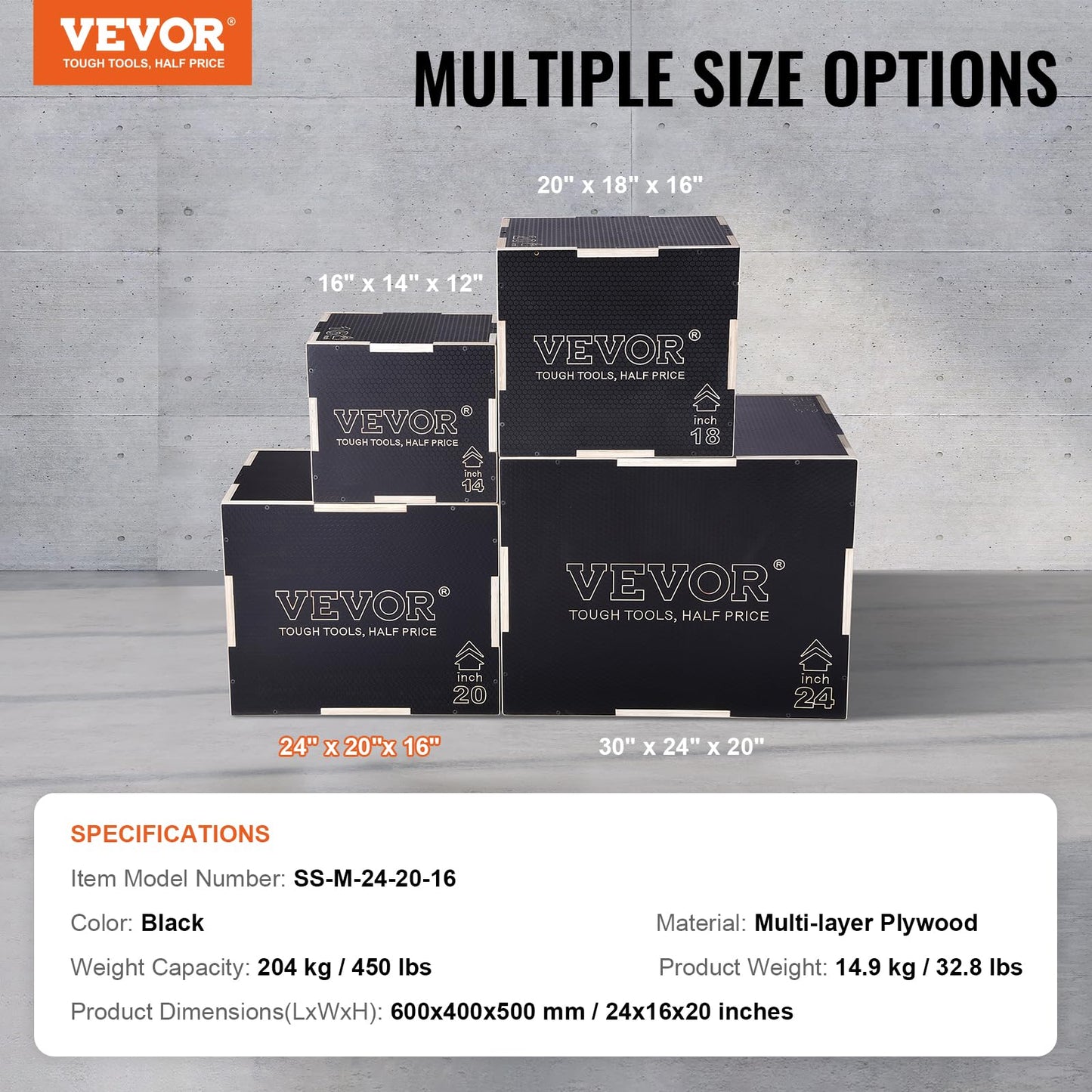 VEVOR 3 in 1 Plyometric Jump Box, Easy-to-Assemble Wood Plyo Box for Jumping Trainers, Home Gym Training and Conditioning, 24" x 20" x 16"