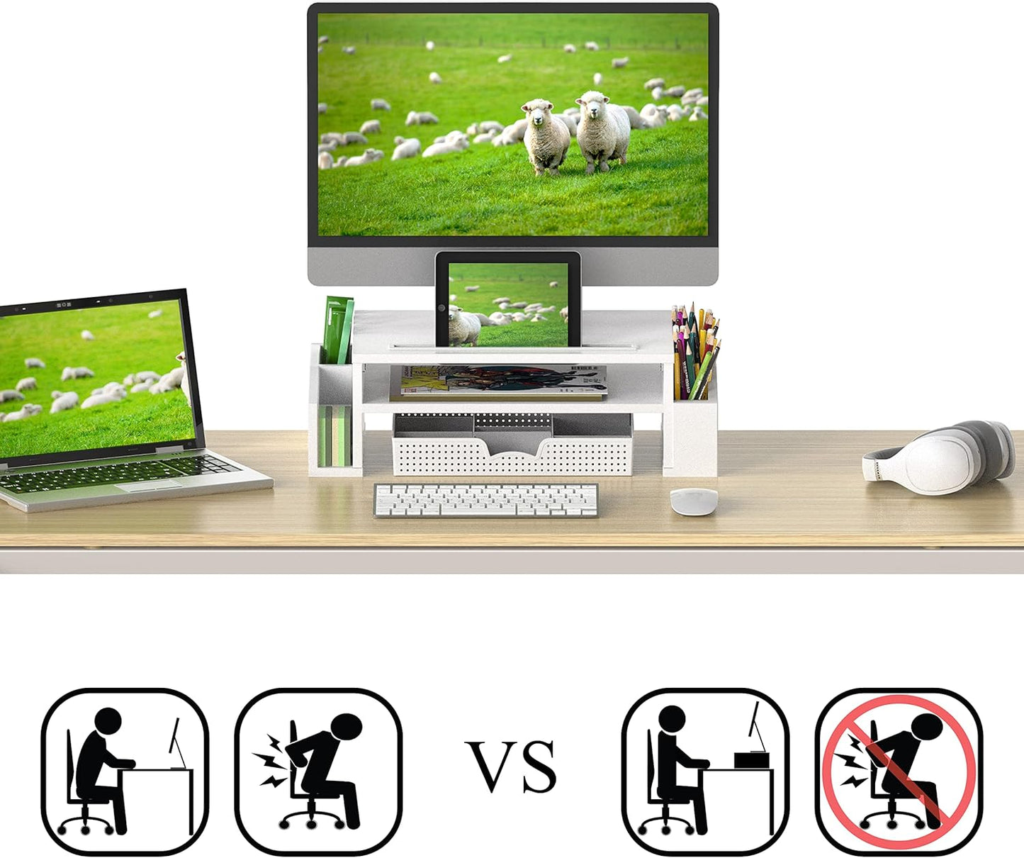 Simple Houseware Adjustable Monitor Stand Riser with Organizer Tray - White