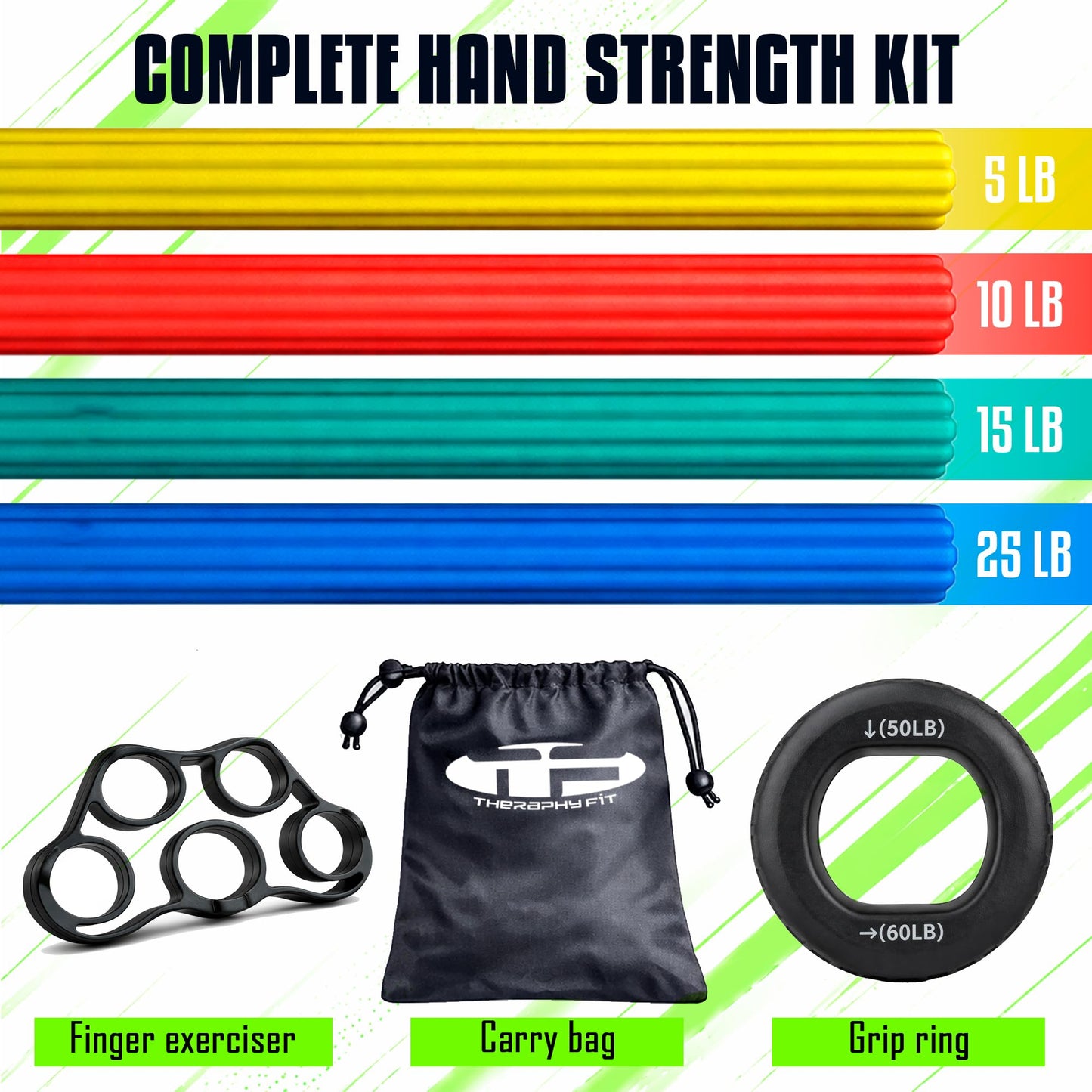 THERAPHY FiT Flex Bars Training Kit with Hand Therapy Ring and Finger Exerciser - 4 Resistance Bars Set for Elbow Therapy and Grip Strength - Relieves Tennis Elbow Pain - Flex Bars for Physical Therapy