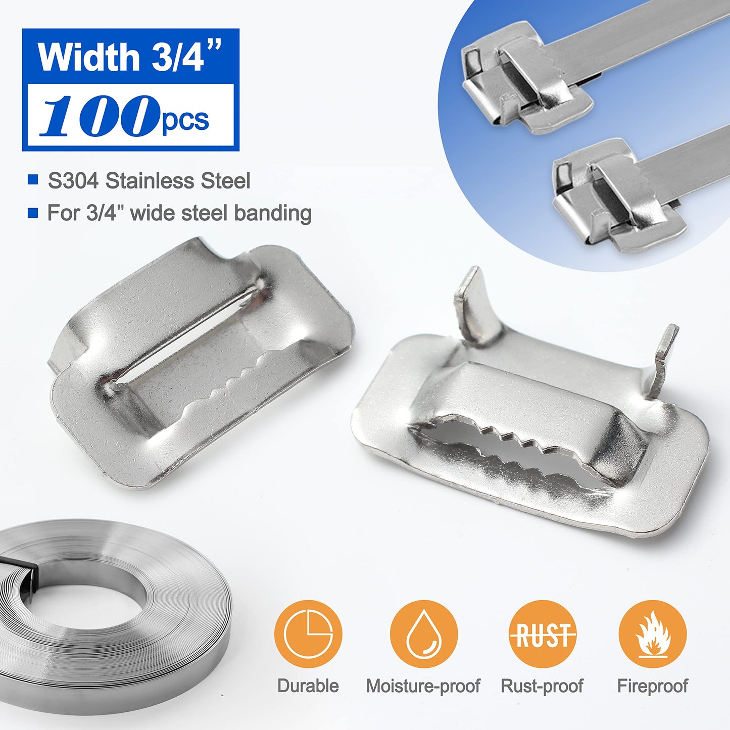 Steel Banding Strapping Kit - Stainless Banding Tool Ratchet Tensioner, 3/4"*100Ft S304 Stainless Banding Coil, 100pcs Ear-Lock Buckles, Metal Banding Tools for Strapping High Tensile Package