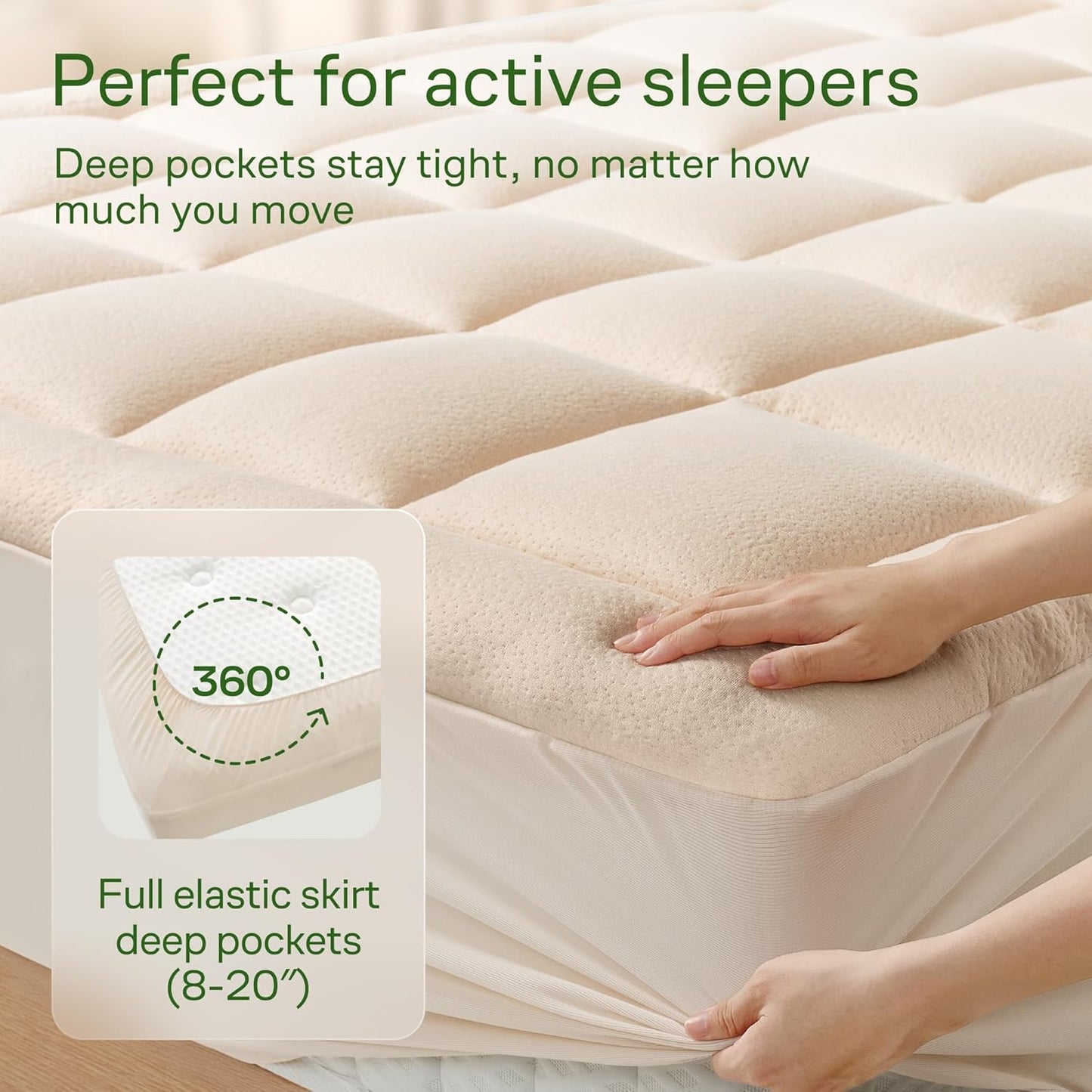 Skiennix Ultra Soft Queen Size Mattress Topper - Bamboo Viscose Pillow Top for Full Body Support - Naturally Cooling, Beige