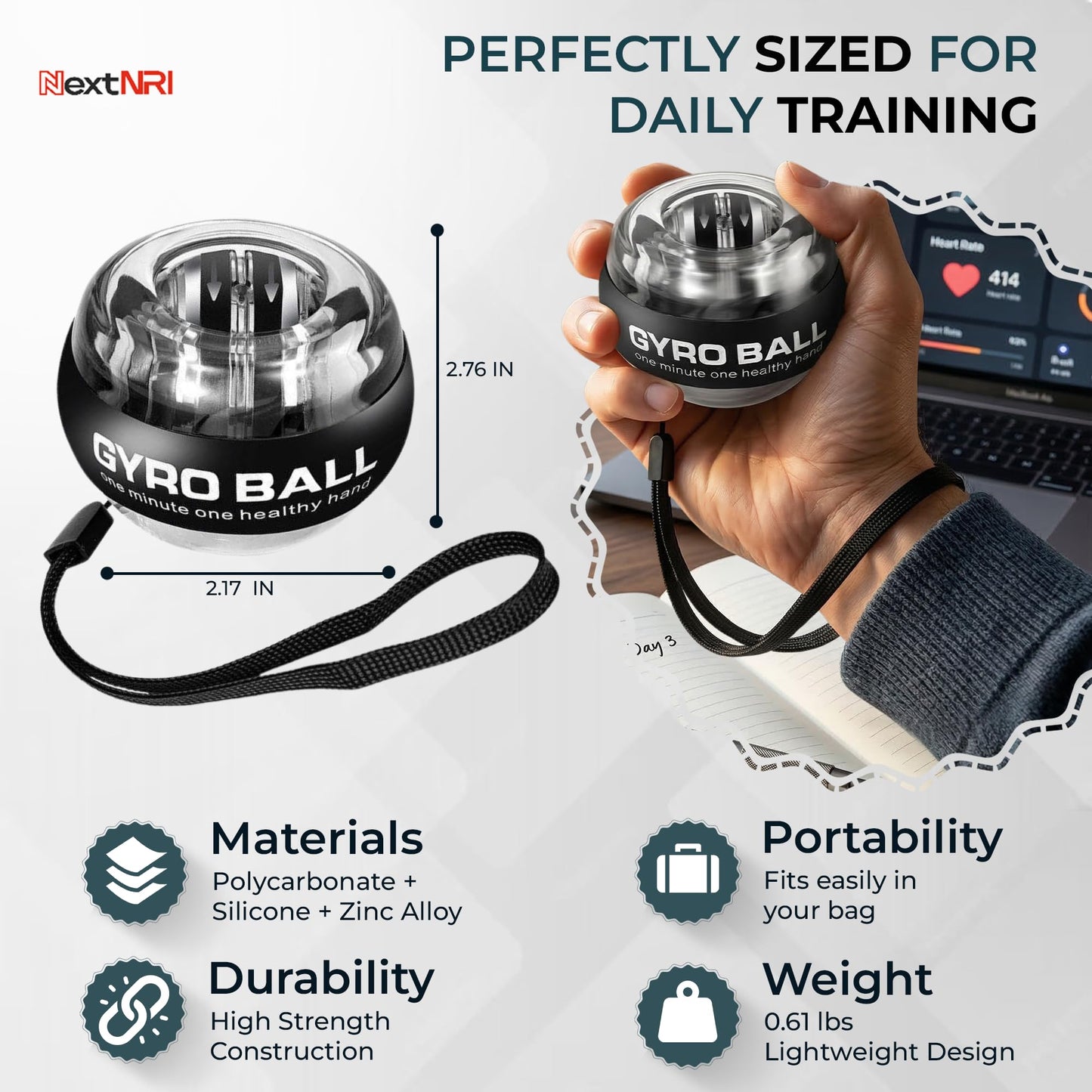 Torque Ball Wrist Trainer, Gyro Ball Hand Exerciser 20,000–30,000 RPM, Adjustable 15–77 lbs Resistance, Forearm Strengthener for Grip, Wrist & Arm Training, Wrist Strengthener Portable Fitness Ball with Strap