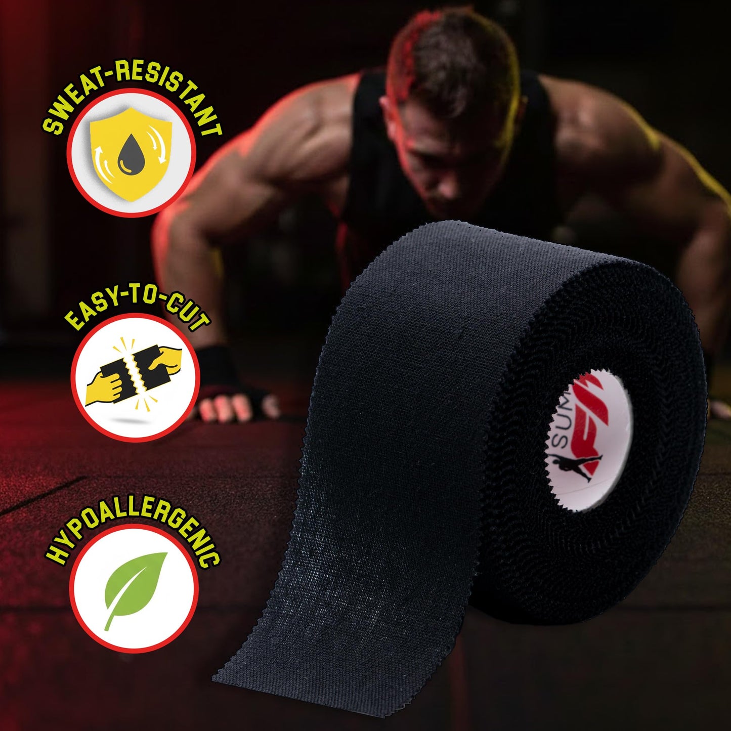 Summum Fit Black Athletic Tape Extremely Strong: 3 Rolls + 1 Finger Roll. Easy to Apply & No Residue. Sports Tape Athletic for Boxing Football Climbing or Gymnastics for Wrist Ankle & Hand Protection