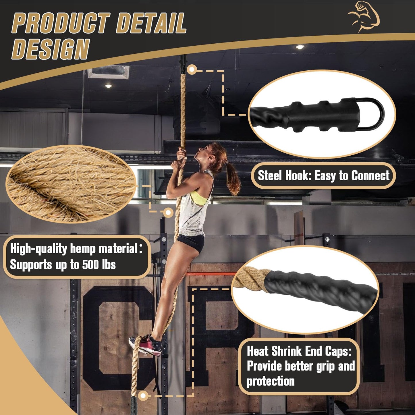 GDHSWJ Gym Climbing Rope, Indoor Outdoor Climbing Ropes - Climbing Rope for Adults - 10ft Length, 1.5" Diameter, Climbing Ropes with Hook for Indoor and Outdoor Fitness