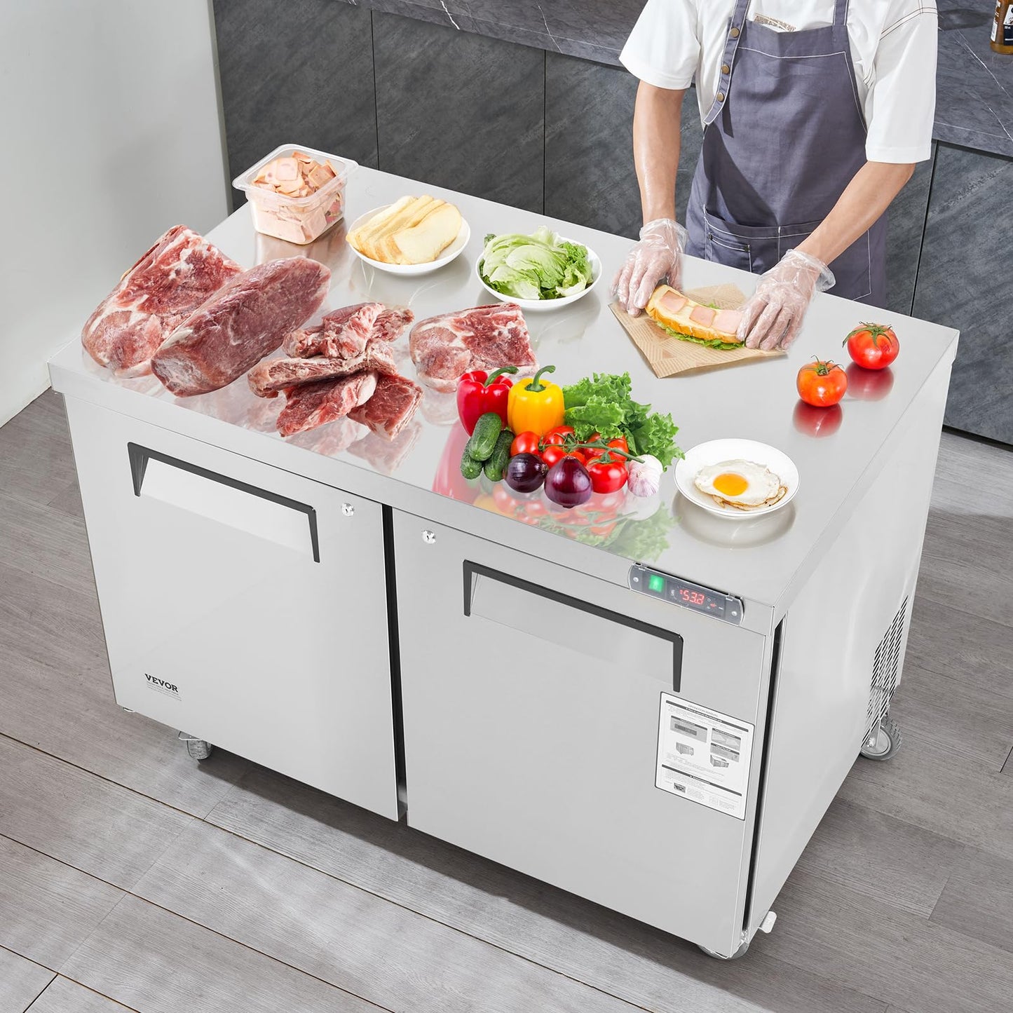 VEVOR 48" W Commercial Freezer Worktop, 12.9 Cu. Ft Undercounter Freezers with/Casters, <0~-8℉>Defrost Frozen Prep Table, 2 Doors Stainless Steel Food Frozen Prep Station for Restaurant, Diner, Bar