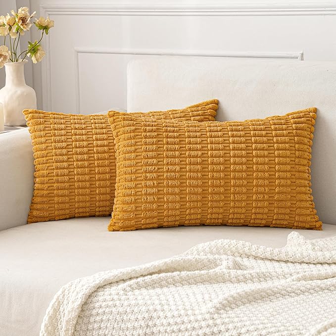 MIULEE Pack of 2 Corduroy Decorative Lumbar Throw Pillow Covers 20x12 Inch Soft Boho Striped Pillow Covers Modern Farmhouse Home Decor for Summer Sofa Living Room Couch Bed Gold Yellow