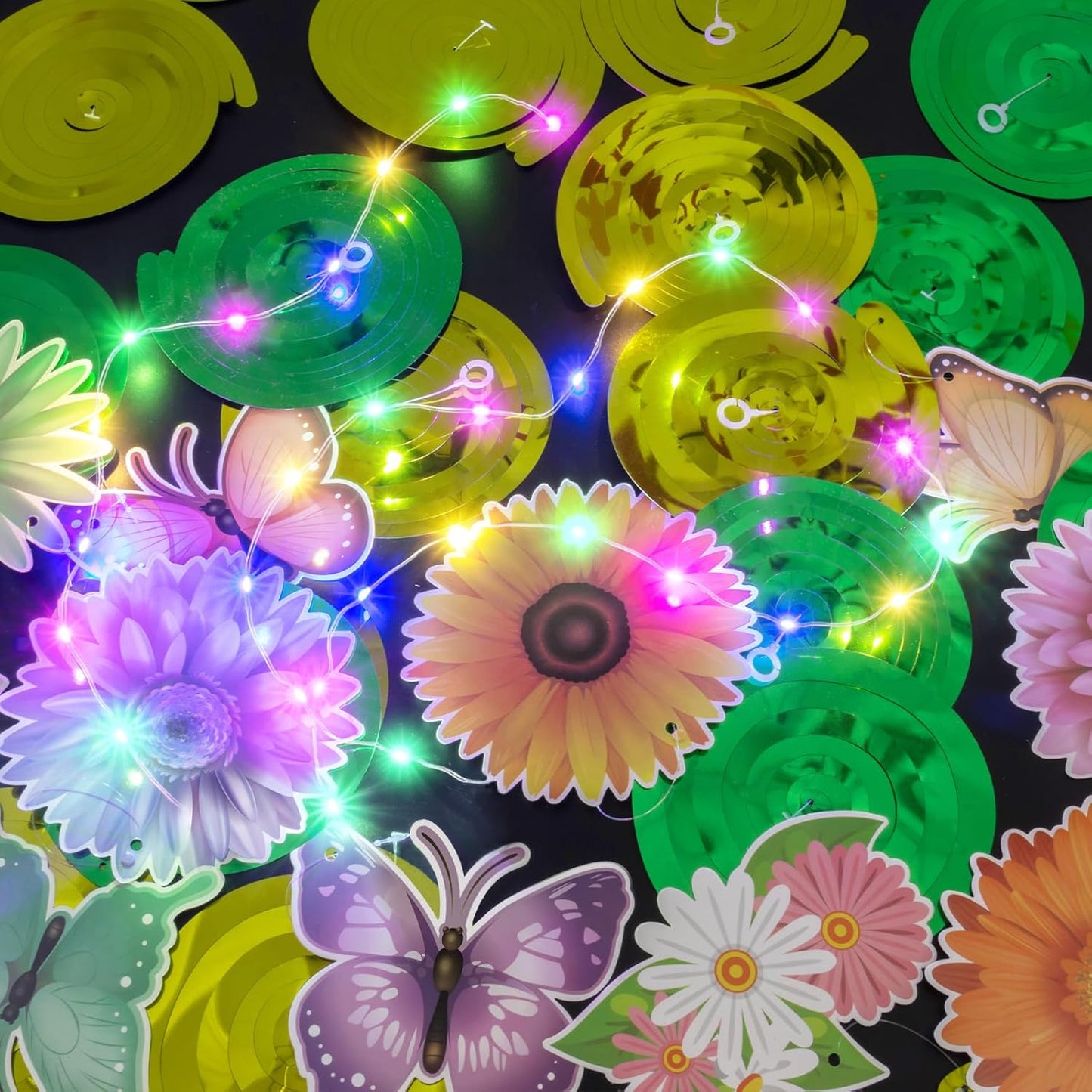 Skiennix 33-Piece Spring Hanging Decorations - Flower & Butterfly Swirls with LED Lights for Easter Parties