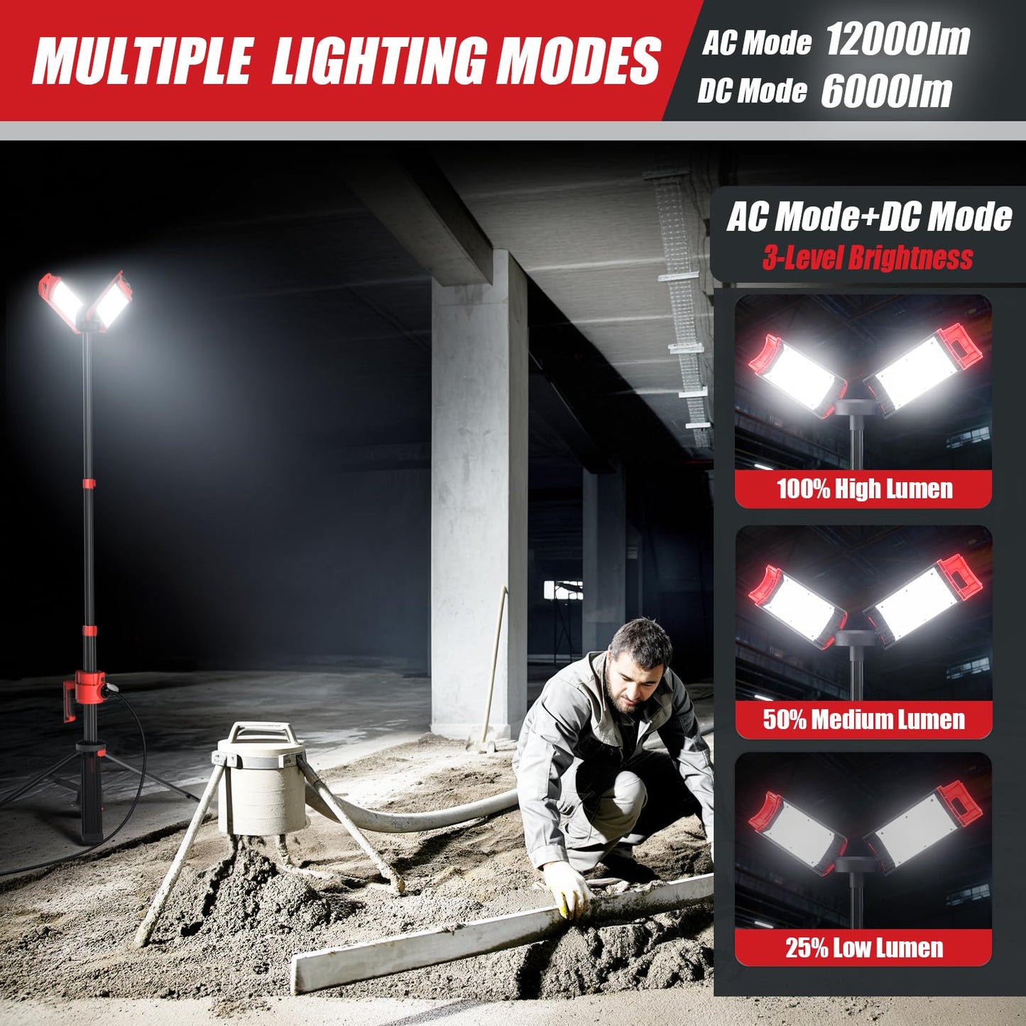 SYLSTAR Hybrid Powered LED Work Light with Tripod, 12000 Lumens Corded & Rechargeable Battery Work Light, 7.4ft Aluminum Telescopic Stand, 3 Brightness Levels, IP65, Dual Head, Portable Job Site Light