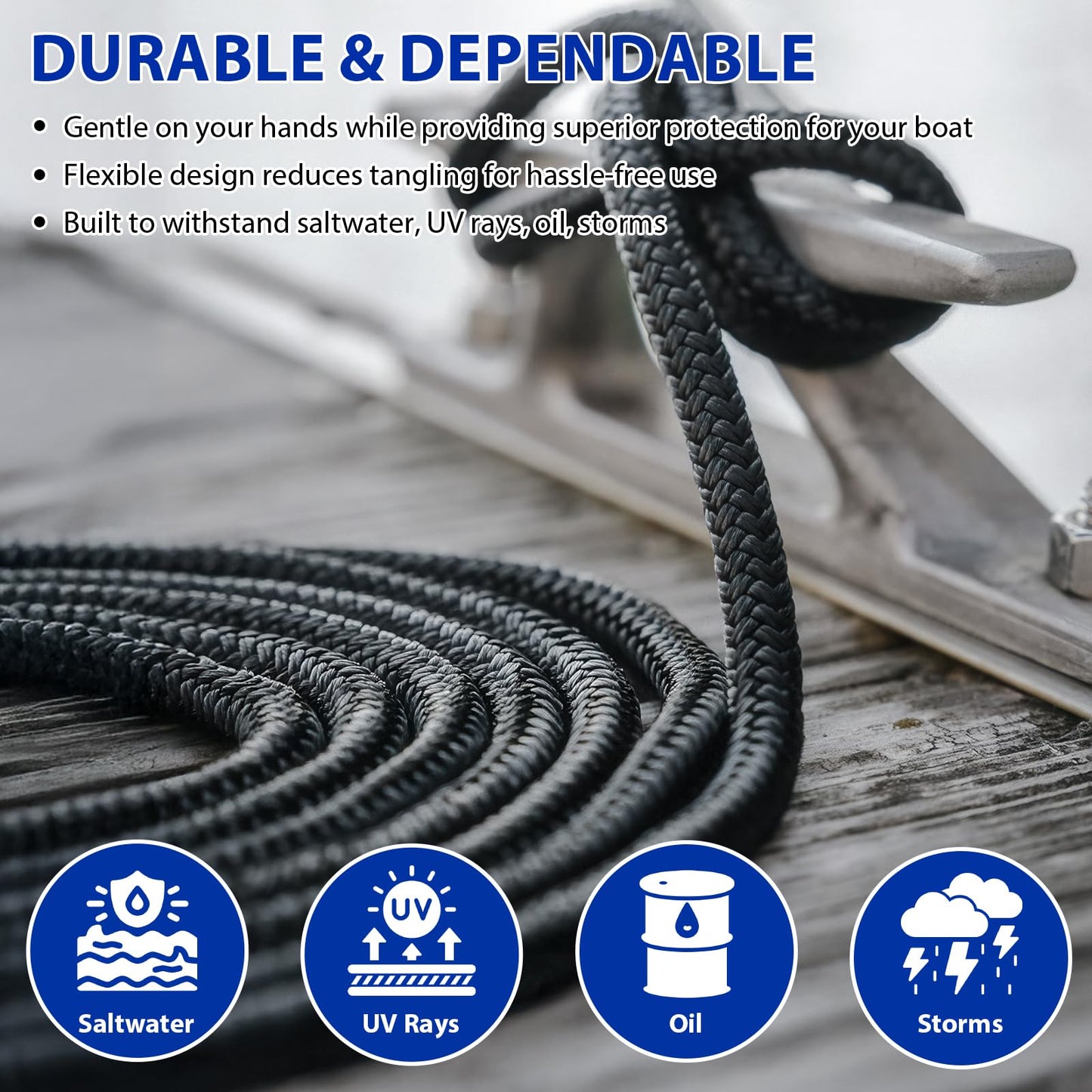 Boat Dock Lines Marine Rope - 3/8" x 15ft with Pre-Spliced 12" Loop Double Braided Nylon Ropes Bumper Tie Mooring Line for Boats Docking Pontoon Boating Accessories - 4 Pack