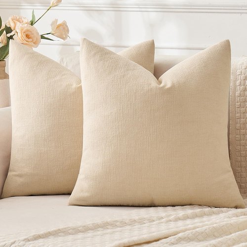 MIULEE Corduroy Decorative Throw Pillow Covers - Soft Chenille, 18x18 Inch, Cream & Beige (Set of 2)