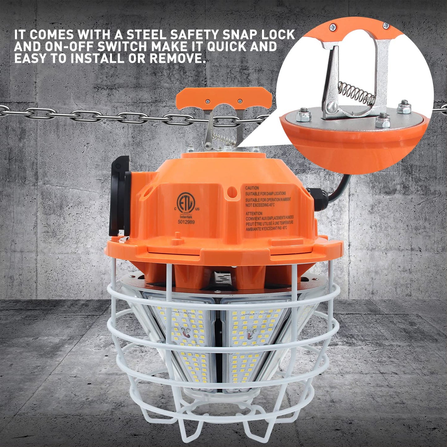 NS 150W LED Temporary Work Light, 24750LM Linkable Daylight White 5,000K Portable Hanging Lamp Jobsite Lighting Stainless Steel Protective Cover for Outdoor Construction High Bay Warehouse