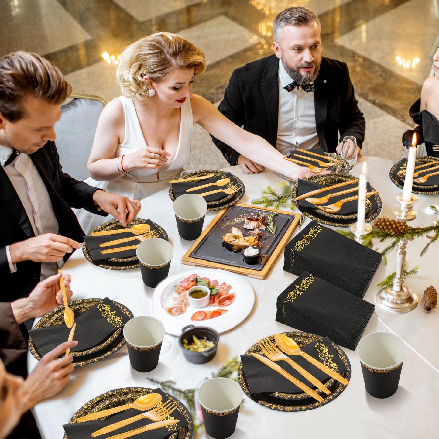 Didaey 700 Pcs Disposable Dinnerware Set for 100 Guests Include 200 Paper Plates, 300 Plastic Silverware, 100 Paper Cups, 100 Napkins for Wedding Birthday Party Supplies(Black Gold Pattern)