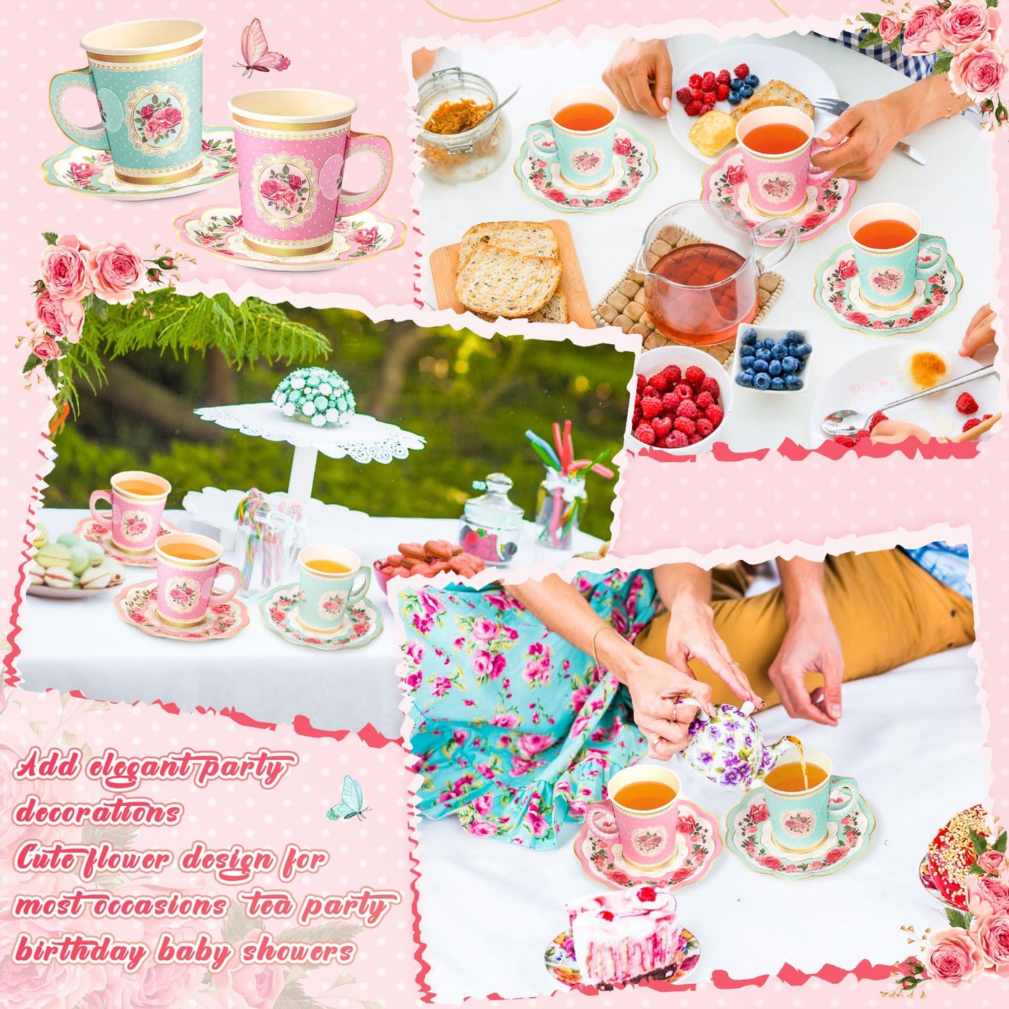 Tioncy 100 Pcs Tea Party Decorations Include 50 Pieces 9 oz Paper Tea Cups with Handle and 50 Plates Disposable Teacups and Saucers Sets for Birthday(Pink and Blue Floral)
