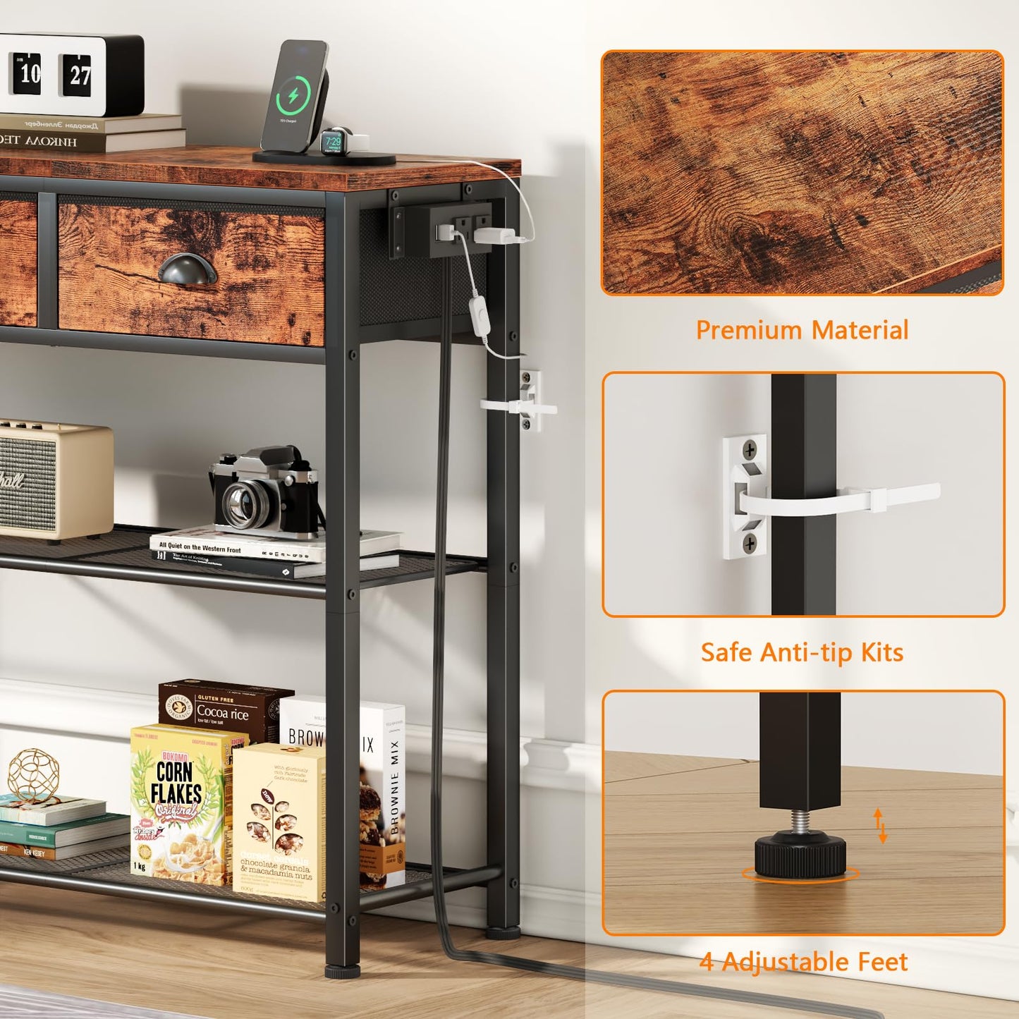 Furologee 5 Tier Bookshelf with Drawer & Console Table with Charging Station, 3 Drawers and LED Light