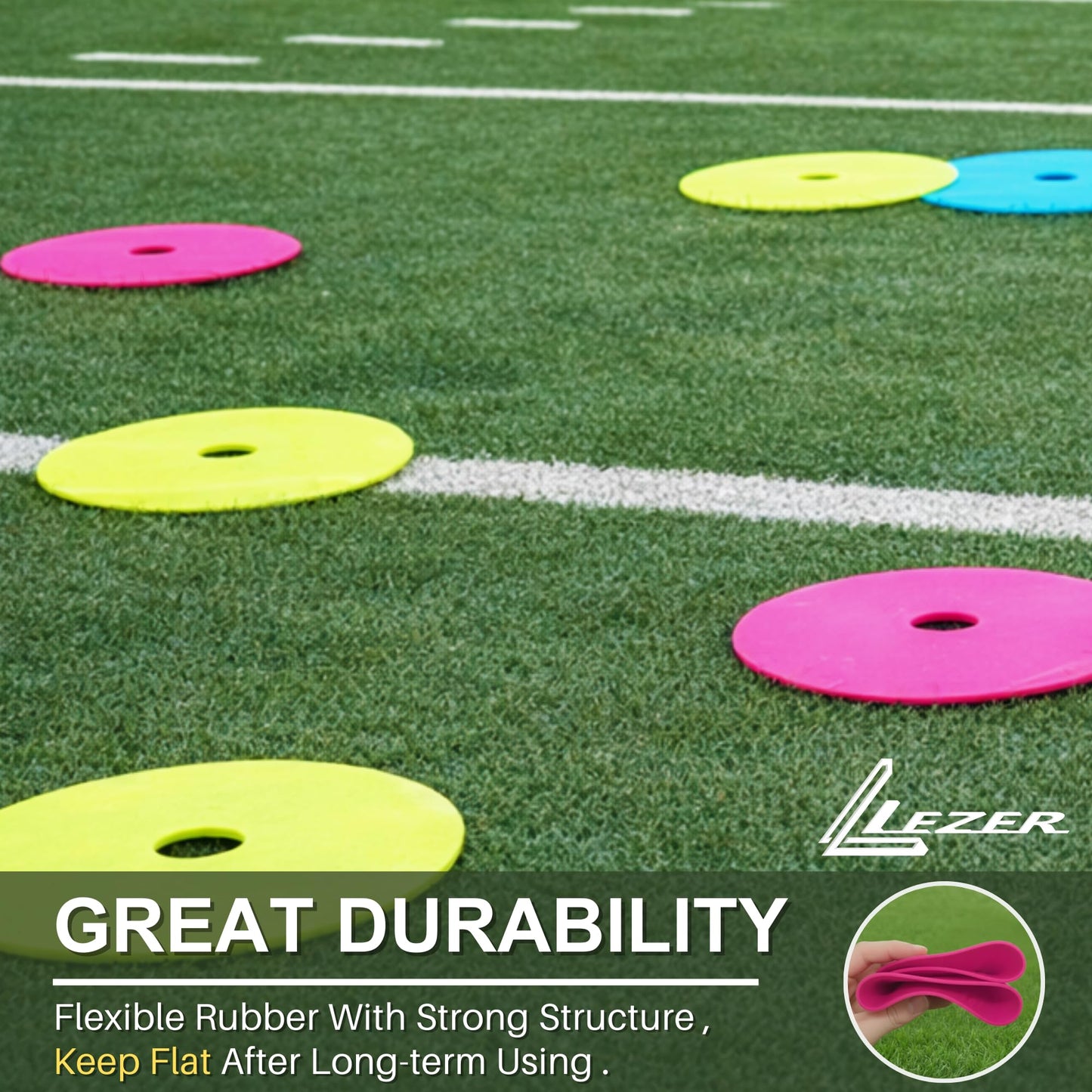 LEZER 6 Inch Flat Cones, Spot Markers, Soccer Cones, Field Court Markers, Sit Spots, Flat Discs, Soccer Training Equipment, Agility Practice, Football, Made in Taiwan, Set of 48