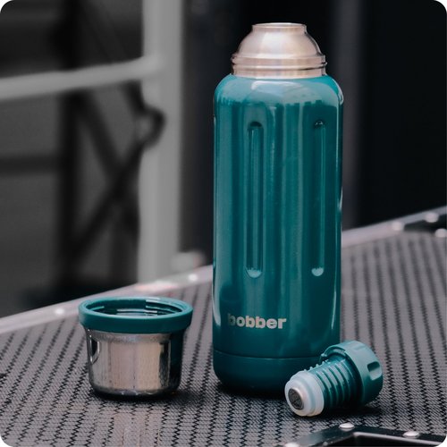 BOBBER 34 oz Stainless Steel Travel Thermo Bottle for Hot and Cold Drinks – Dishwasher Safe Metal Water Bottle with Cup Lid – Keeps Hot for 48 Hours – BPA-Free, Vacuum Insulated (Deep Teal)