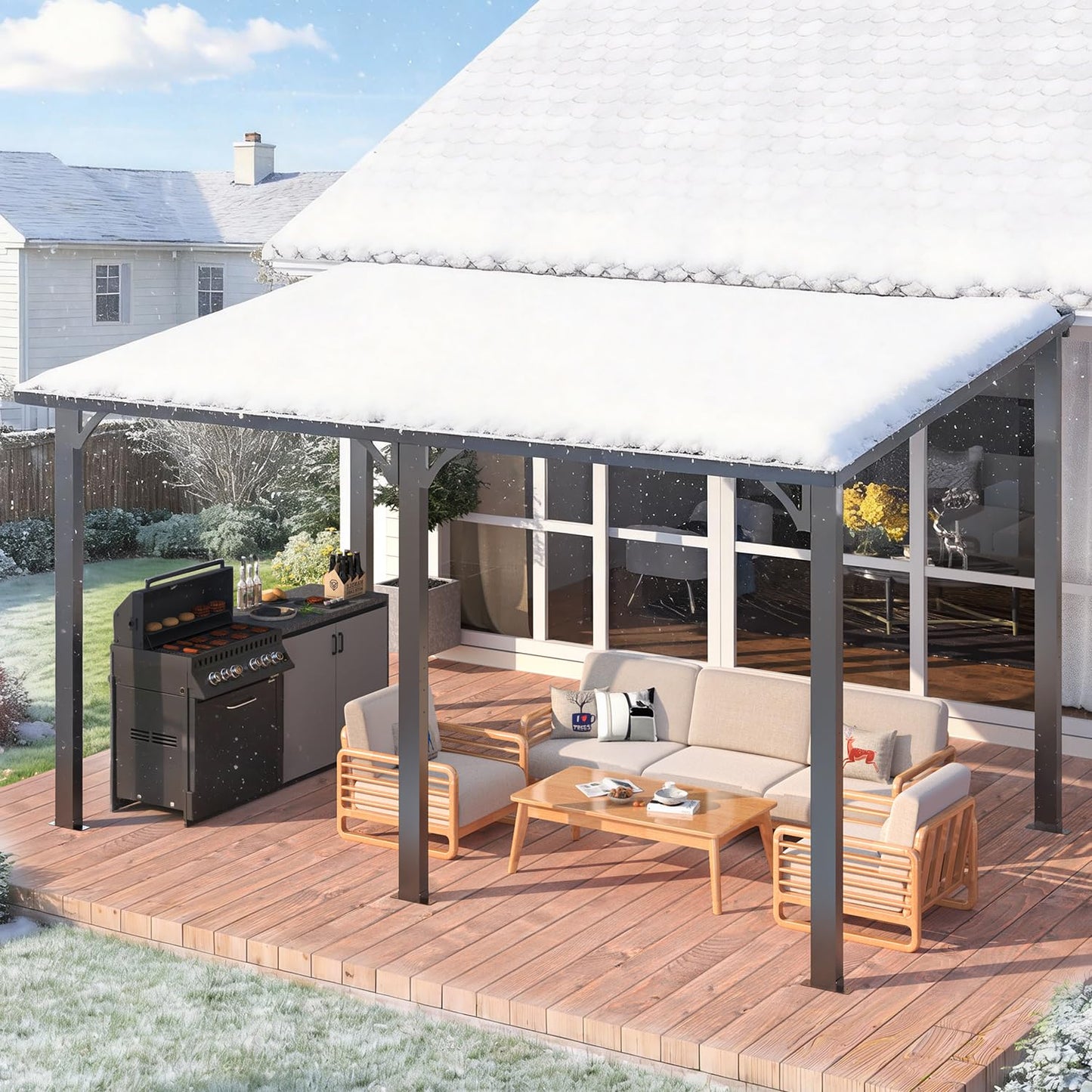 AECOJOY 14' x 8' Outdoor Hardtop Metal Gazebo for Patio, Large Lean to 8x14 Galvanized Steel Wall Mounted Pergolas and Grill Gazebos Clearance, Patio Roof Heavy Duty Awnings for Backyard, Decks