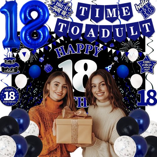 18th Birthday Decorations for Boys Girls, Blue Black Happy 18th Birthday Party Decorations, Time To Adult Birthday Banner, Foil Balloons 18, Backdrop, Balloons, Hanging Swirls, Birthday Card Set 43pcs