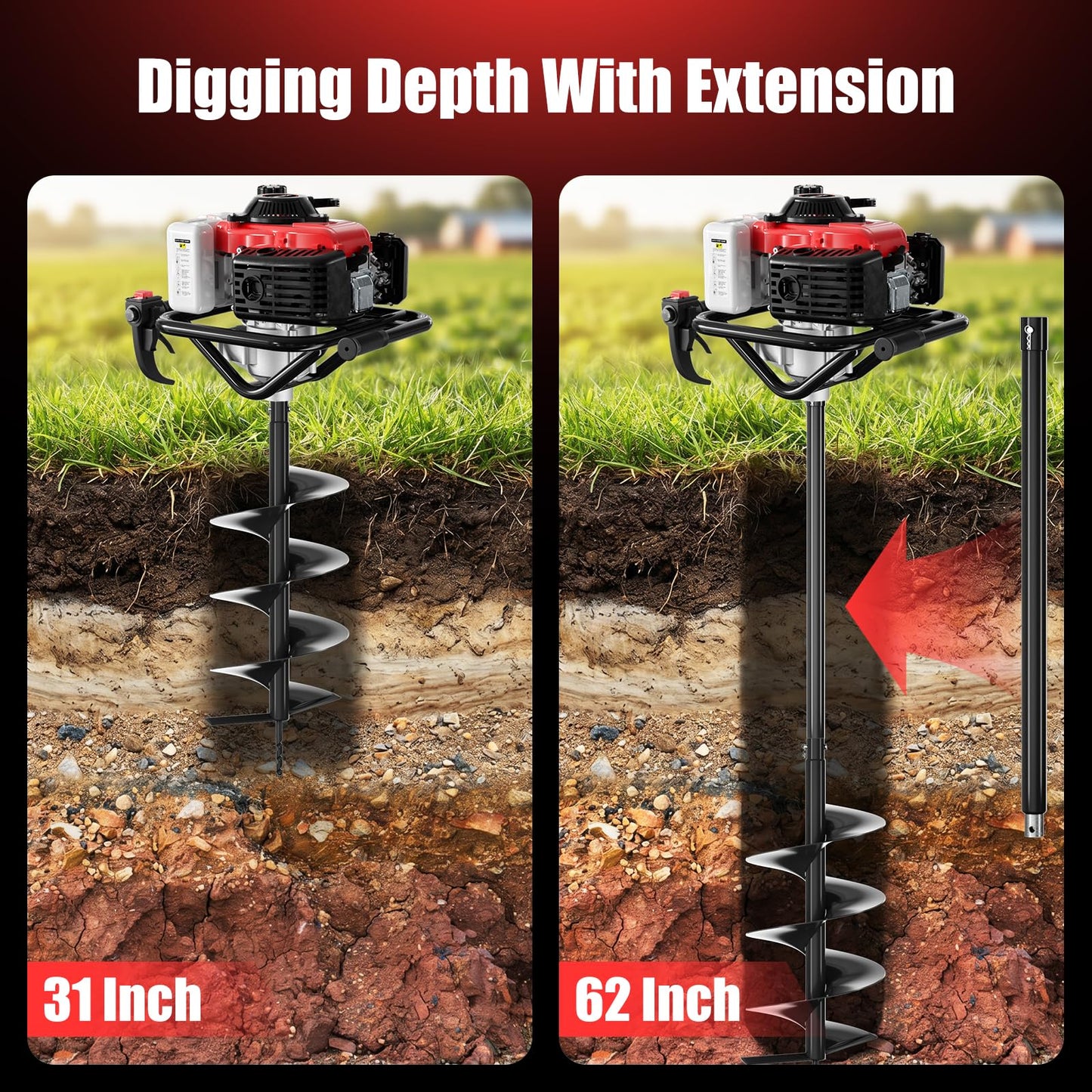 Baotree Post Hole Digger, 68cc Auger Post Hole Digger, 4-Stroke Gas Powered Earth Digger with 2 Auger Drill Bits(6" & 8") + 2 Extension Rods, for Farmland, Garden and Plant (68CC)