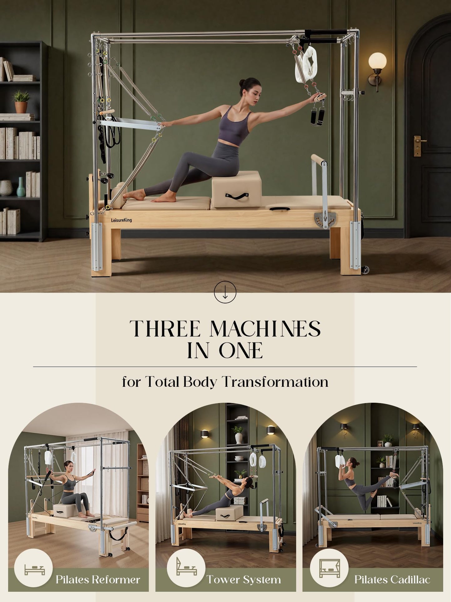 LeisureKing 3-in-1 Pilates Reformer, Wooden Pilates Machine Equipment with Cadillac Trapeze Table & Tower, Studio Grade Reformer Workout Equipment for Home Gym with All Accessories, Beige
