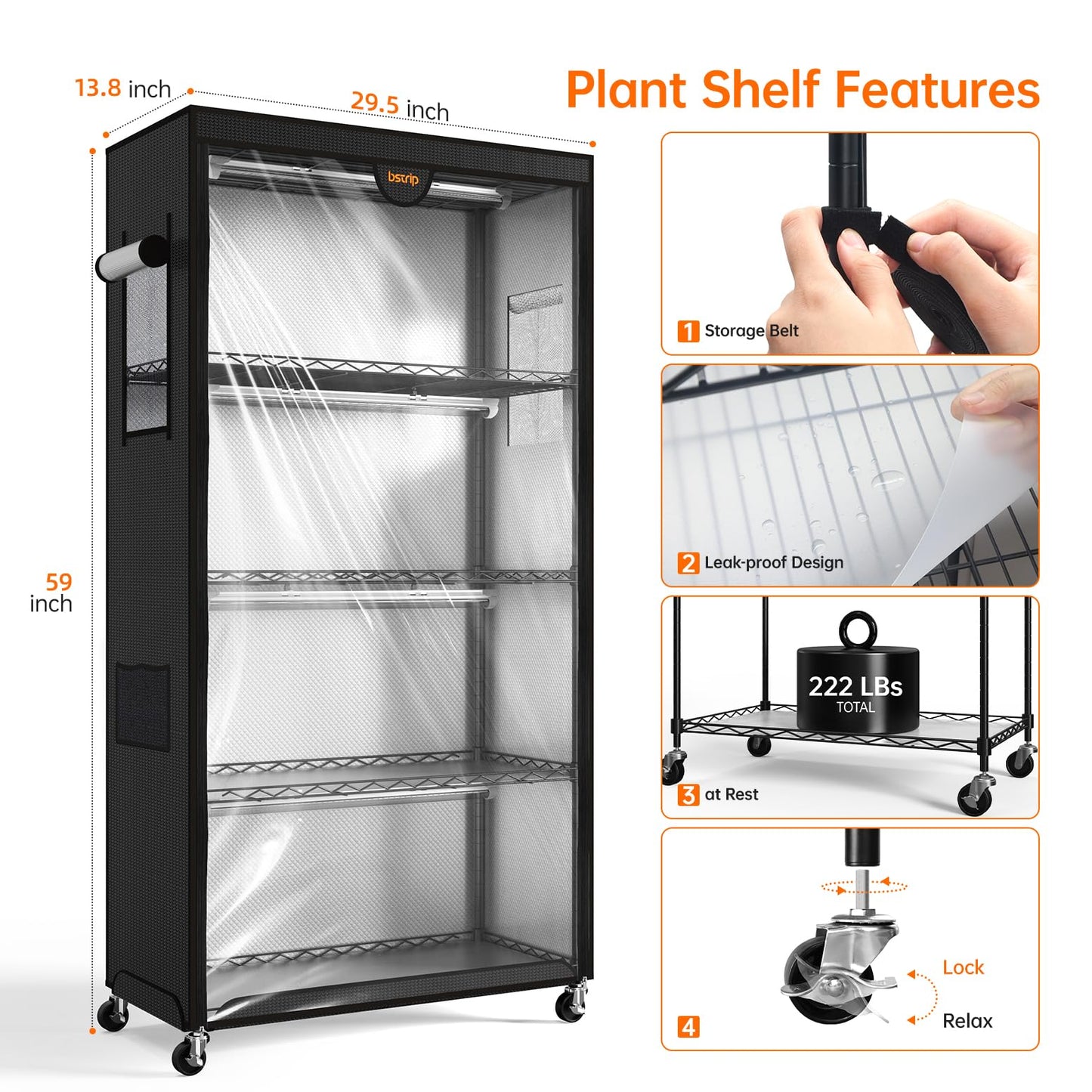 Bstrip Indoor Greenhouse with Grow Light, Plant Stand with 4 Pack 24W Full Spectrum Plant Lights , Plant Shelf with Tent for Indoor Plant, Seed Starting, Seed Tray, 29.5"x13.8"x59"