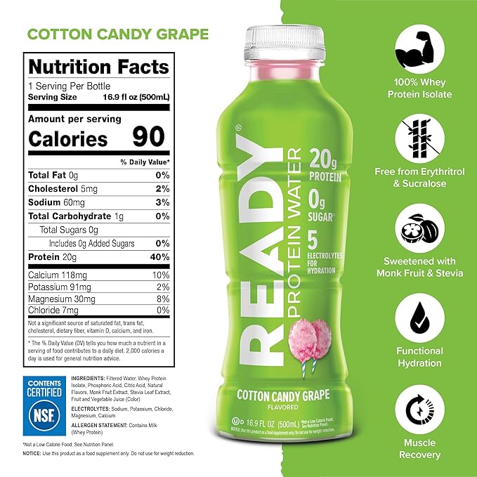 Ready® Protein Water ??20g Whey Protein Isolate, Zero Sugar, Low-Calorie Sports Drink for Hydration & Recovery ??Electrolytes, Essential Amino Acids ??Cotton Candy Grape, 16.9 fl oz Bottles (12-Pack)