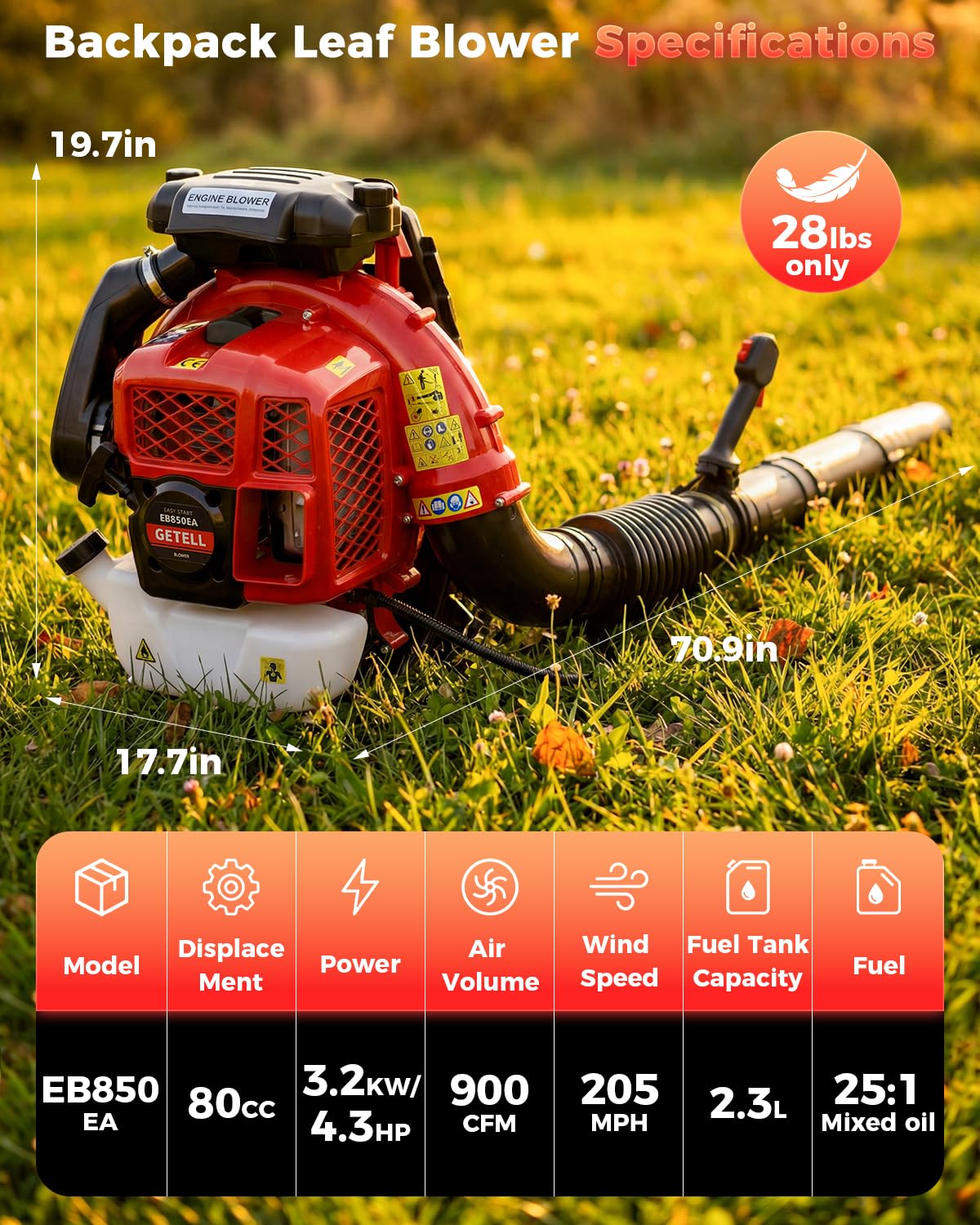Getell 80cc Gas Backpack Leaf Blower, 900CFM 206MPH 2-Stroke Engine, Heavy-Duty Leaf & Snow Blower for Lawn, Garden & Commercial Use (Red)
