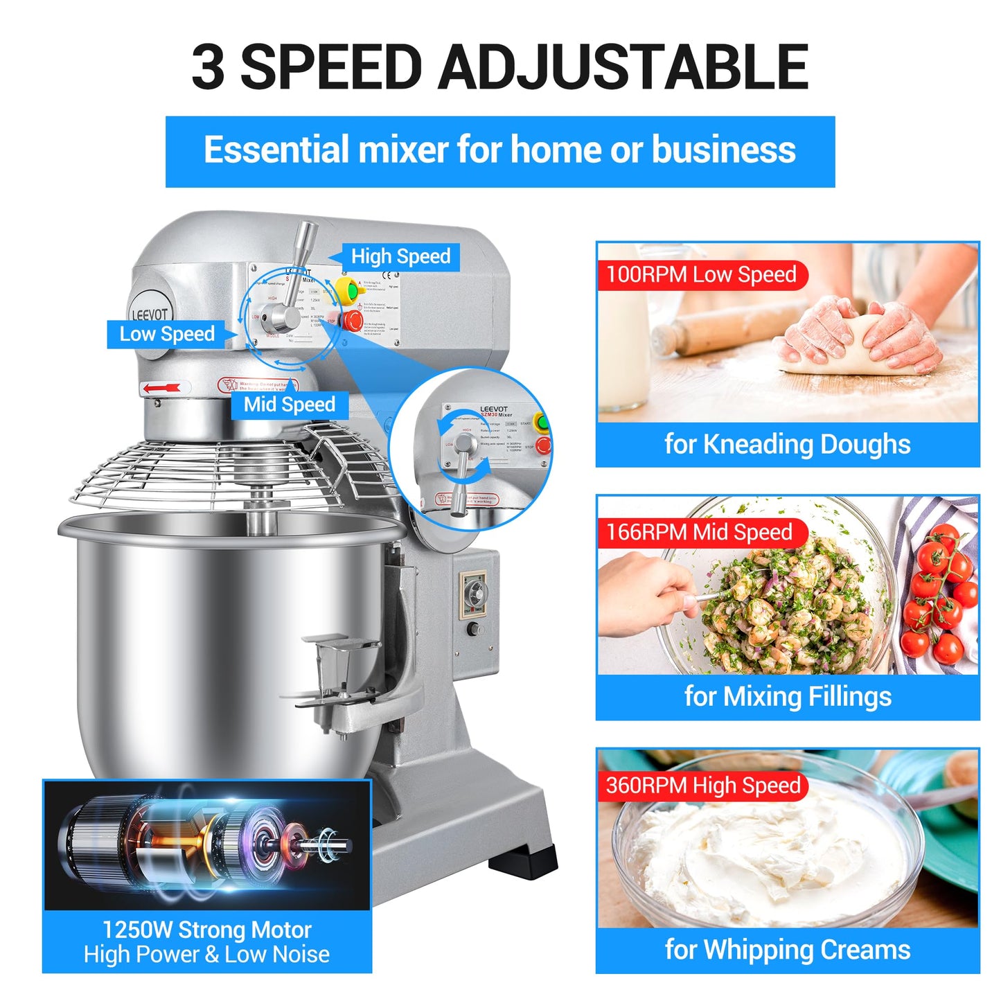 LEEVOT 30 Qt 1250W Commercial Food Mixer, Commercial mixer 3 Speeds Adjustable Heavy Duty Stand Mixer with Stainless Steel Bowl for Bakery Pizzeria.
