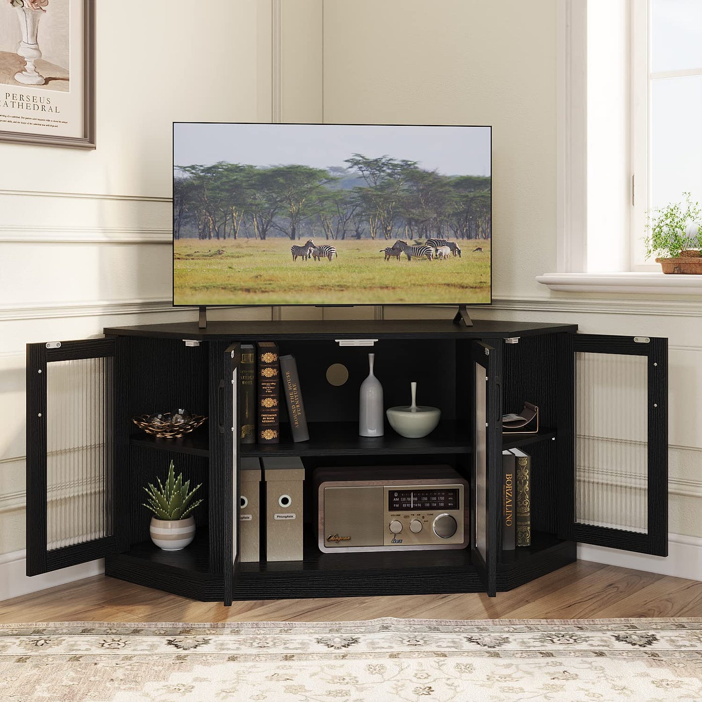 Panana Corner TV Stand - 47 Inch Media Console with 4 Doors and Shelves, Living Room Storage Entertainment Center for TVs up to 51 Inch (Black)