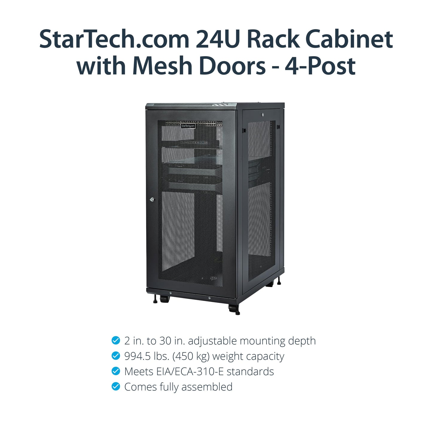 StarTech 24U Enterprise-Grade Server Rack Cabinet Kit, 19in Enclosed 4-Post Rack with Shelf and Cable Management, 29in (75cm) Mounting Depth, 992lb (450kg) Capacity