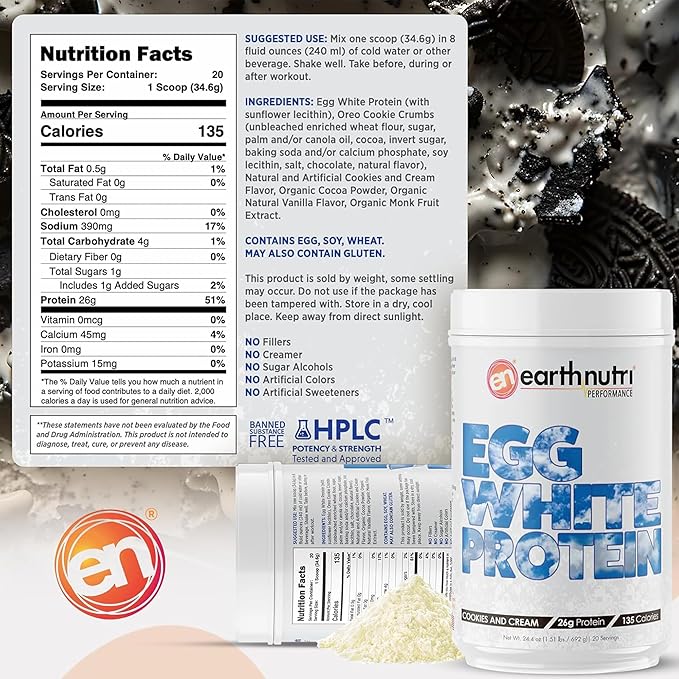EarthNutri - Egg White Protein Powder Supplement for Pre, Intra or Post Workout, 26g of Protein Per Serving, Supports Muscle Strength & Recovery, No Artificial Additives - Cookies 20 Servings (640g)
