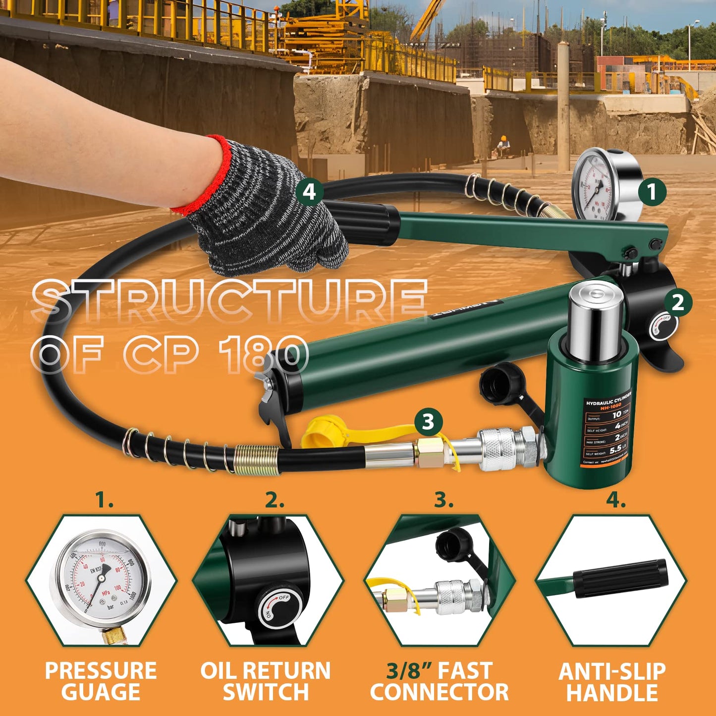 Newhai 10 ton 2” Hydraulic Ram Jack+ cp-180 Hand Pump with Pressure Gauge Hydraulic Porta Power 10 ton kit Low Profile Short Cylinder