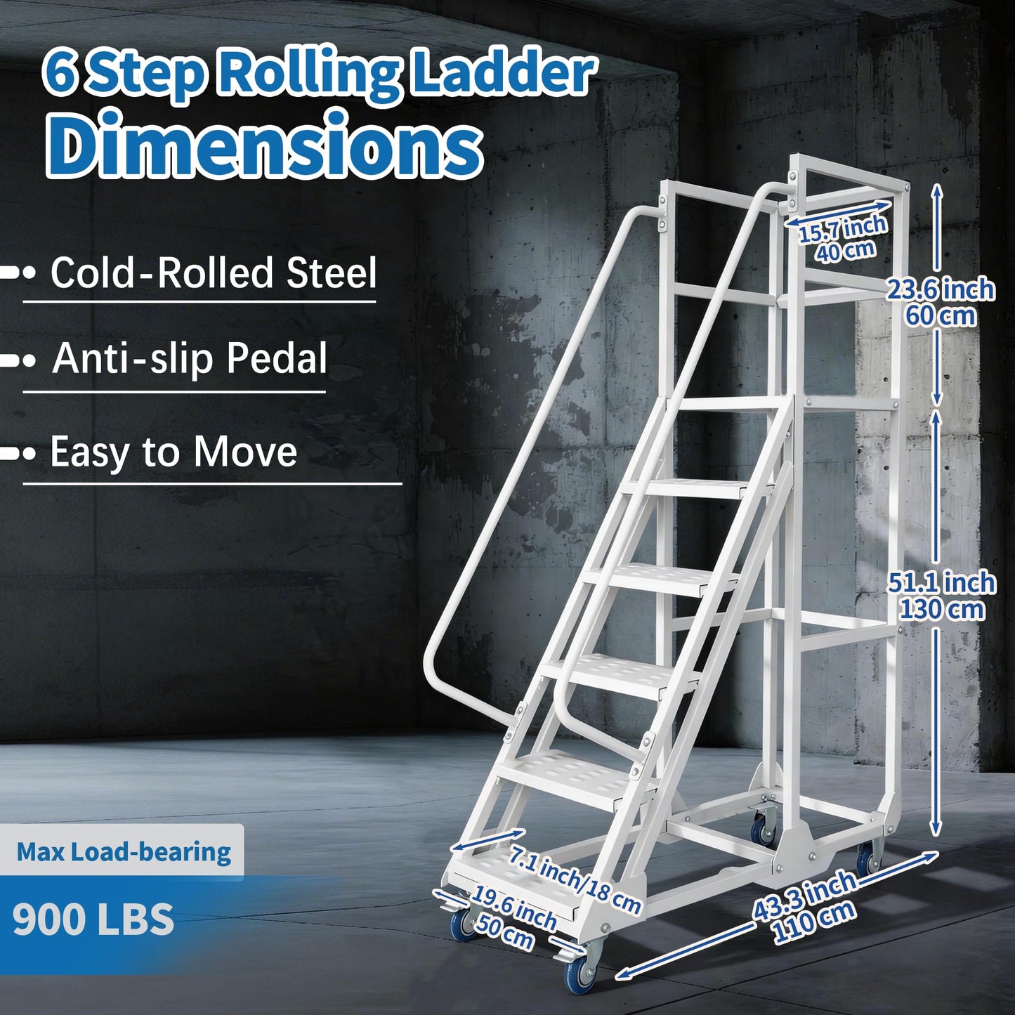 6-Step Rolling Ladder with Handrails Lockable Wheels, Rolling Stairs with 51" Heigh Anti-Slip Platform with Fencehail, Industrial Platform Ladder for Supermarket Warehouse Factory, 19.6" W x74.7 H