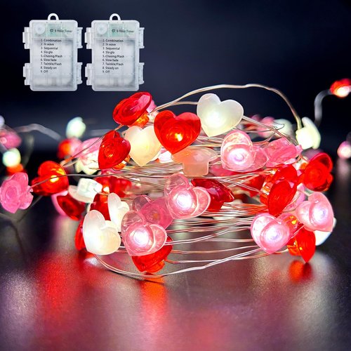 Mothers Day Decorations Lights 2 Pack Total 28FT 80LED Red Pink White Heart Fairy String Lights Battery Operated Timer 8 Modes Gifts for Mom Women Home Indoor Wedding Valentines Mother's Day Decor