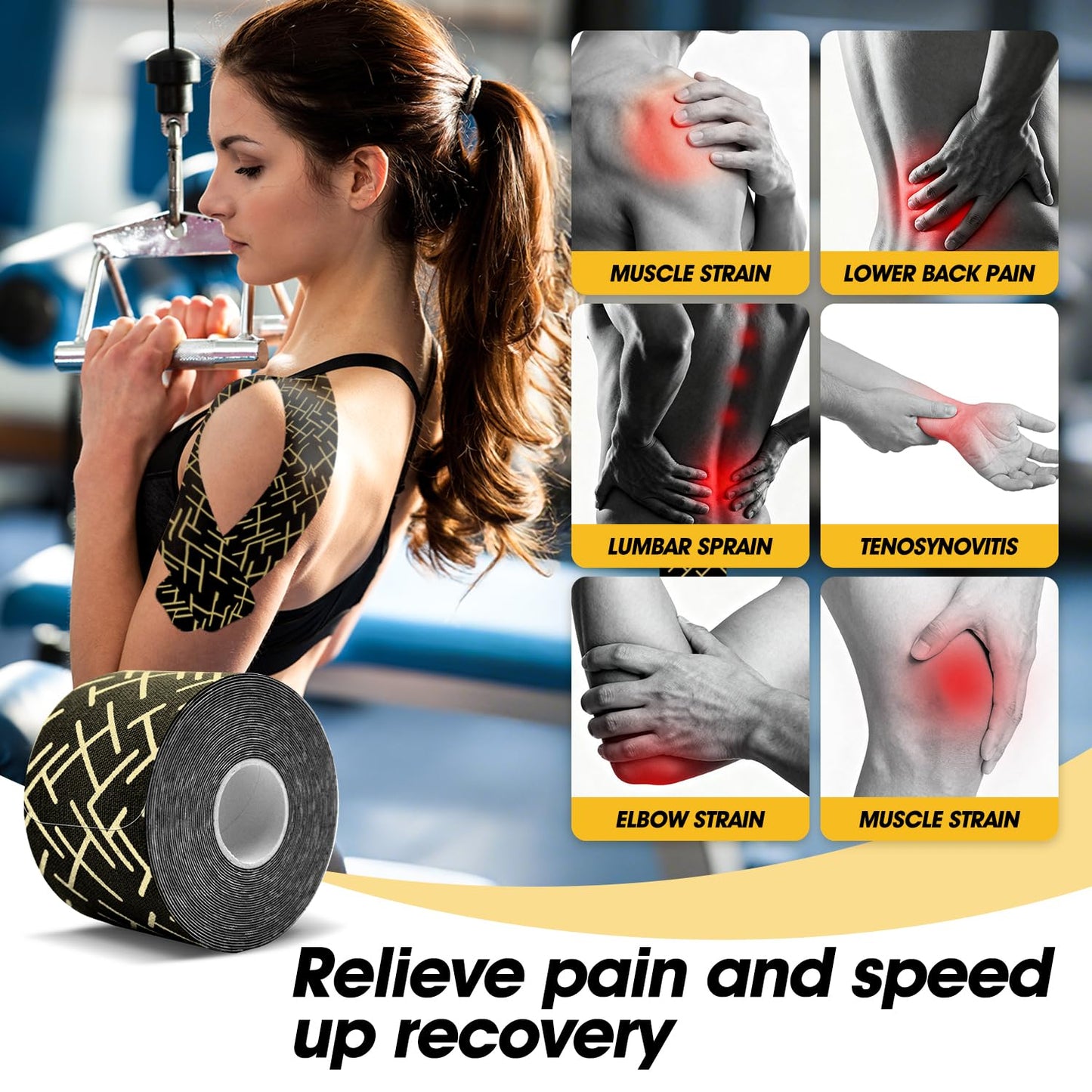 Kinesiology Tape, Premium Precut 2 Roll Pack Flexible & Breathable Athletic Tape for Shoulder, Knee and Ankle, Elastic K Tape for Sport & Weightlifting, Muscle Strain Relief & Joint Support - Black
