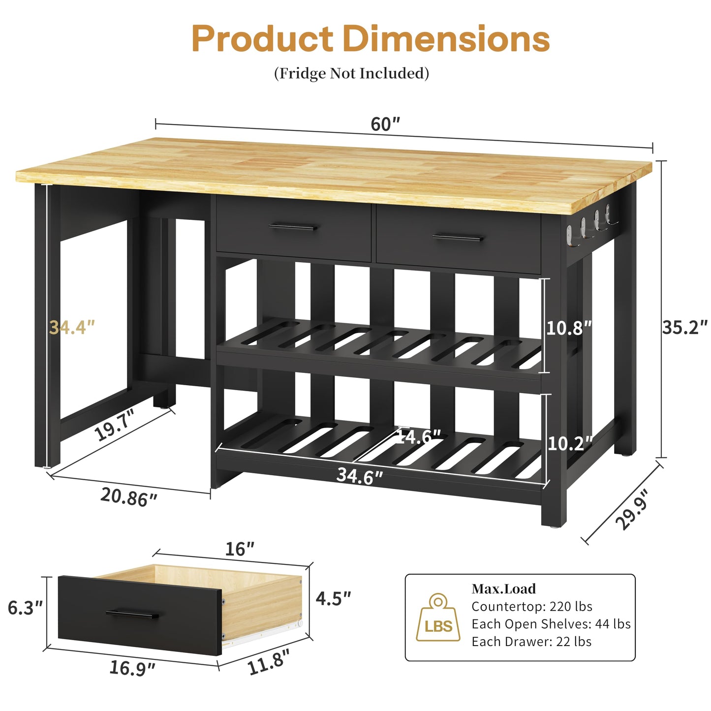 DynJest 60" Solid Rubberwood Kitchen Island with Fridge Storage Space and Power Outlets, 2 Drawers & Open Shelves Coffee Bar Cabinet for Kitchen, Farmhouse Counter Height Dining Table for 2-4, Black